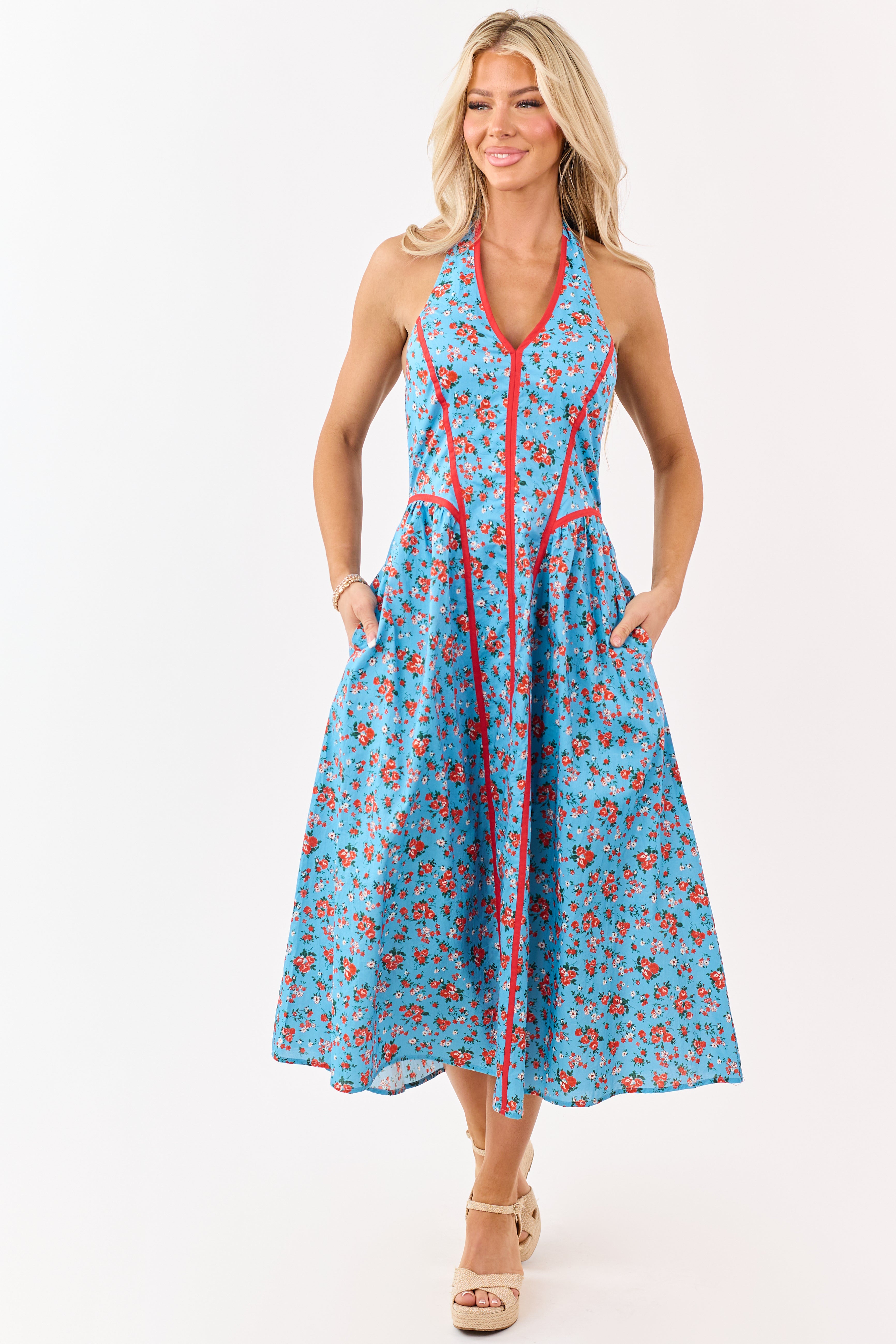 Entro Cornflower Floral Print Cotton Midi Dress