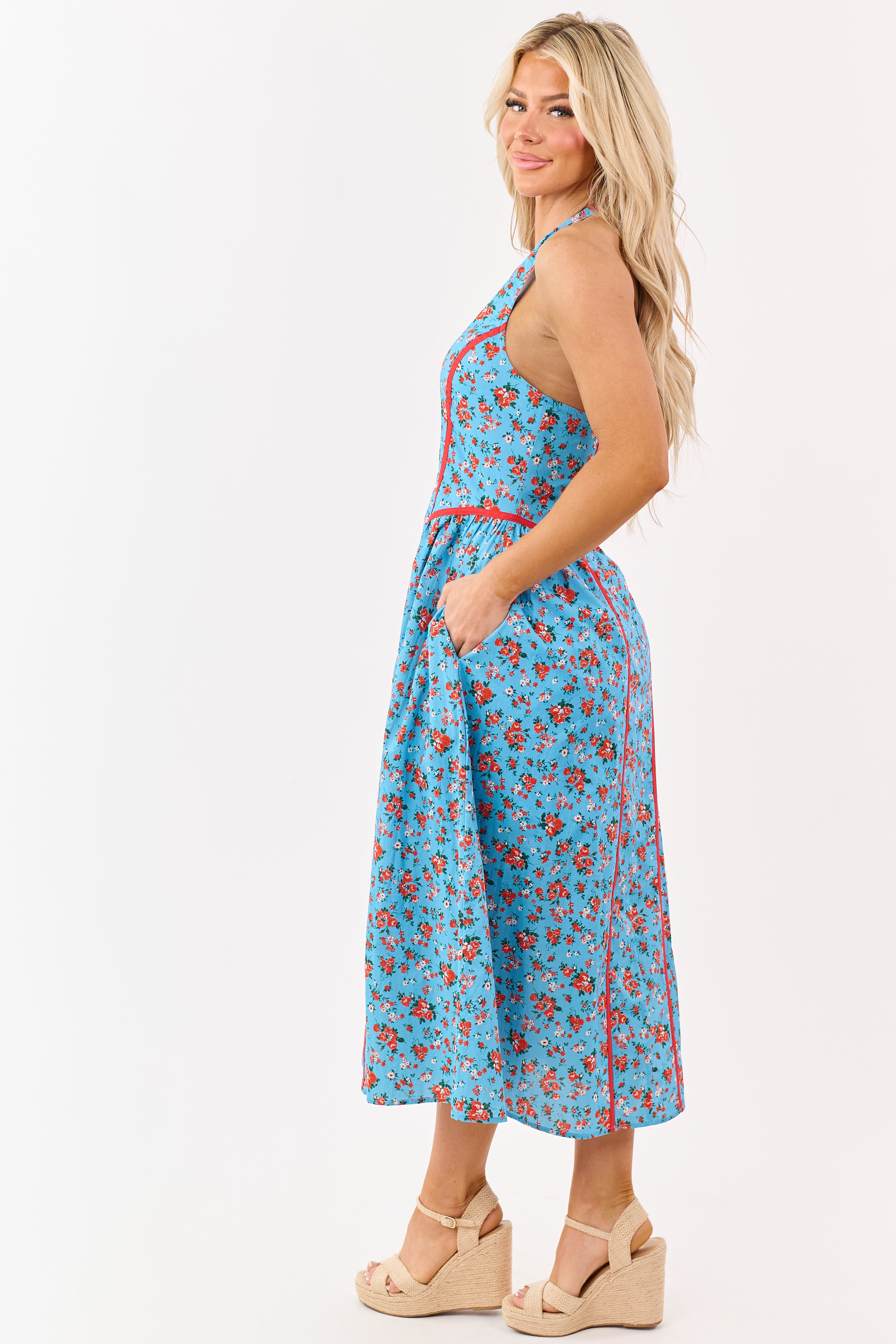 Entro Cornflower Floral Print Cotton Midi Dress