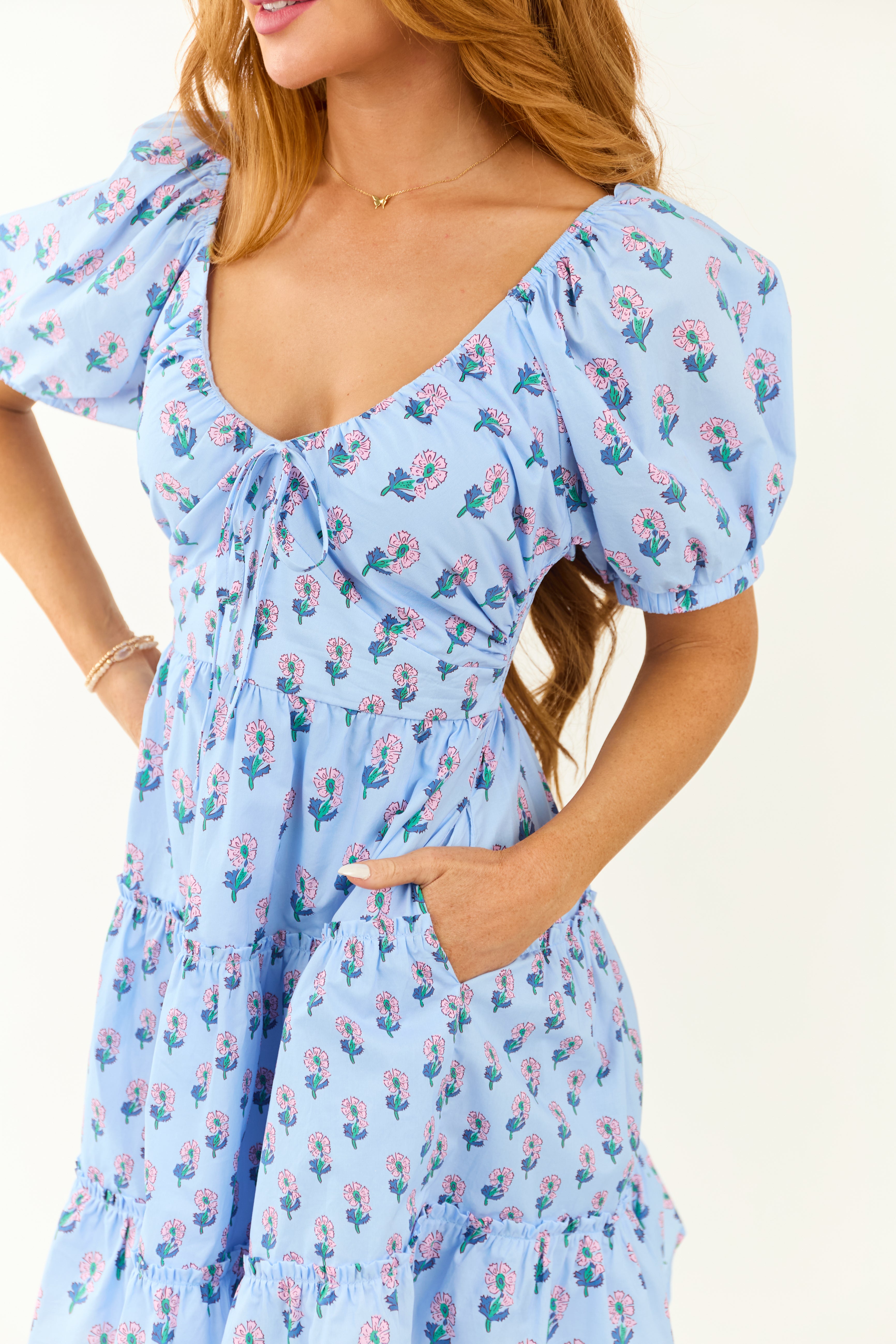 Entro Cornflower Floral Puff Sleeve Tiered Dress | Lime Lush Boutique