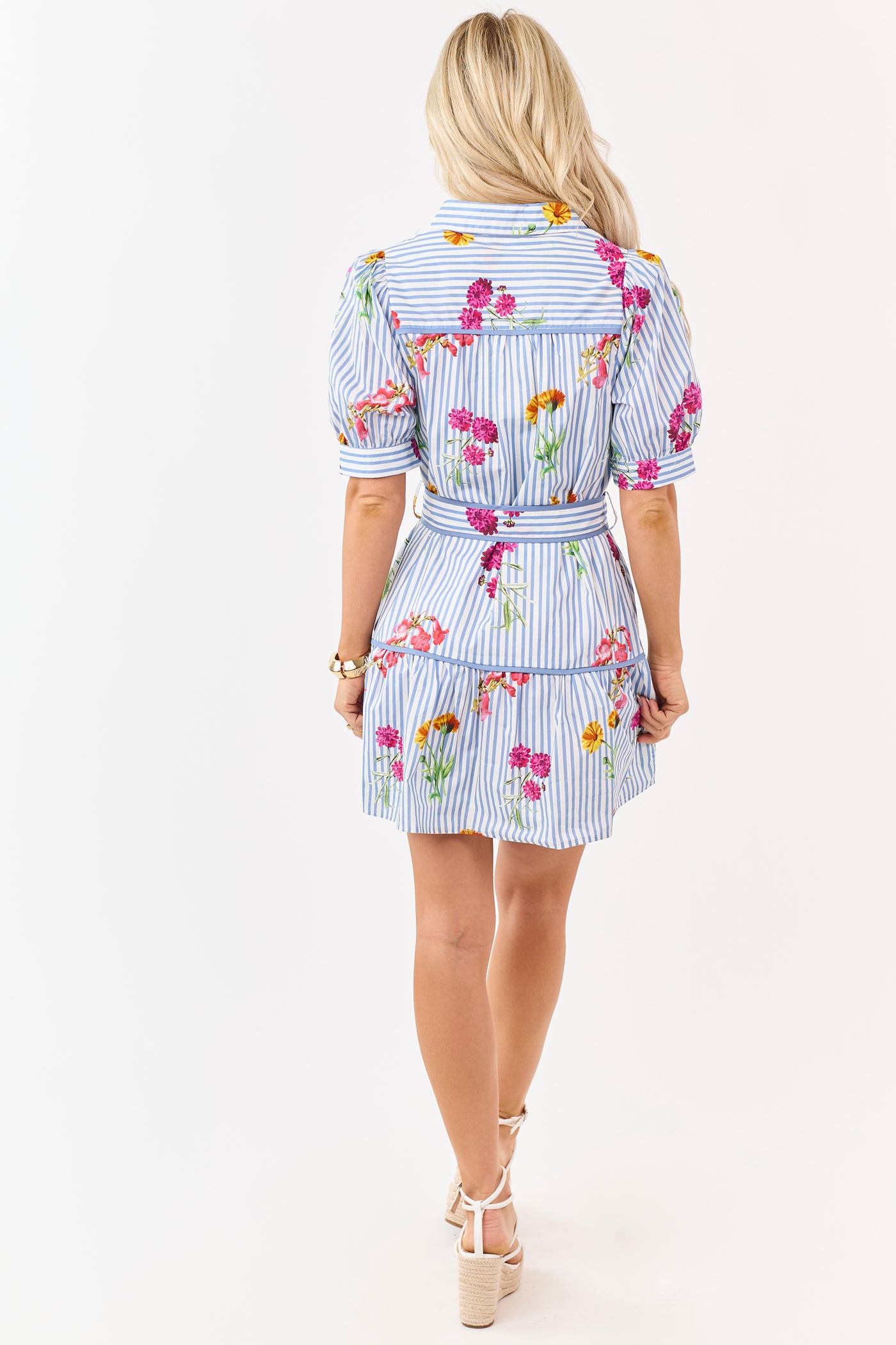 Entro Cornflower Striped Floral Cotton Mini Dress