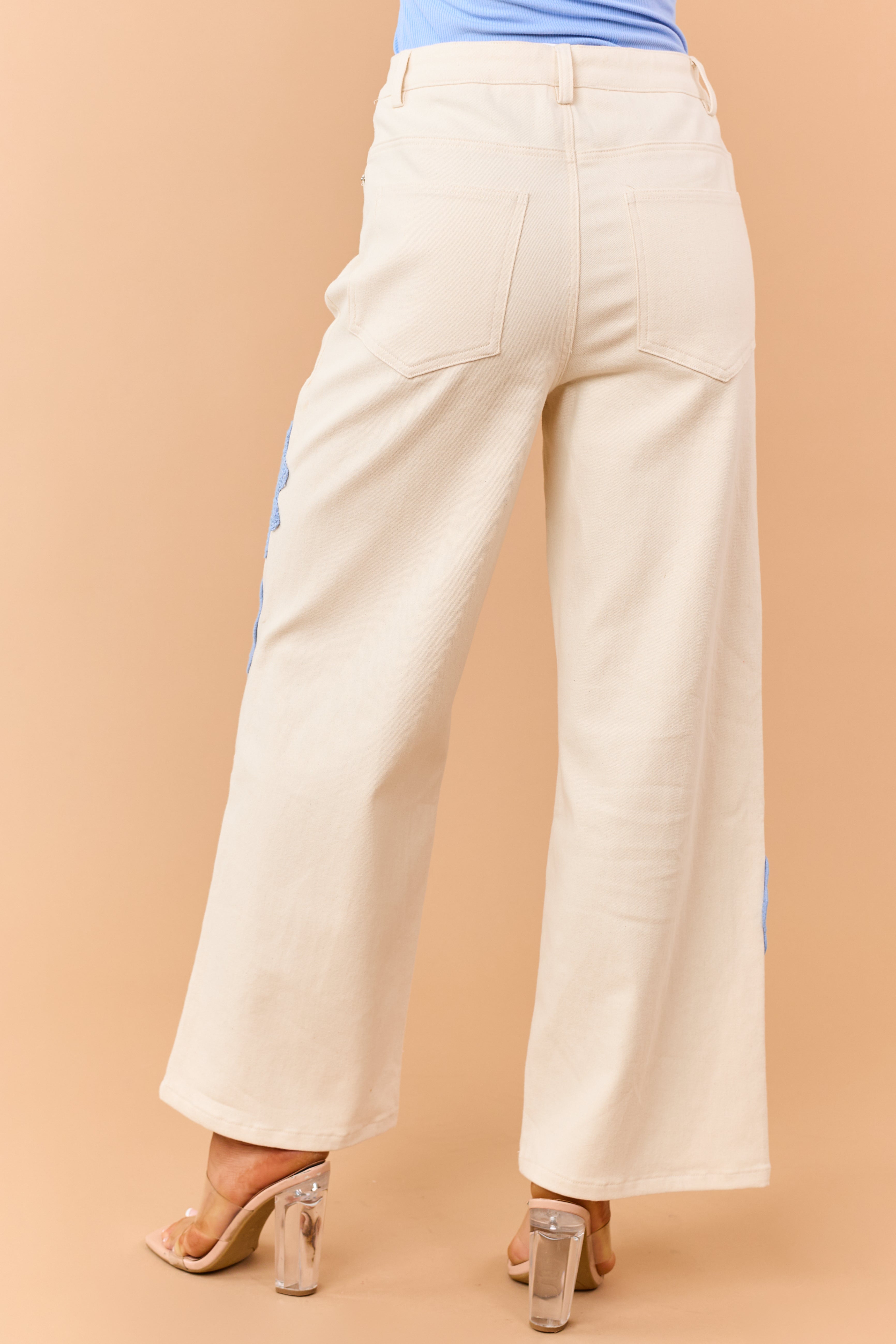 Entro Cream Boho Crochet Patchwork Wide Leg Jeans
