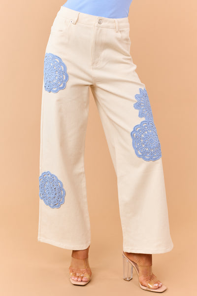 Entro Cream Boho Crochet Patchwork Wide Leg Jeans