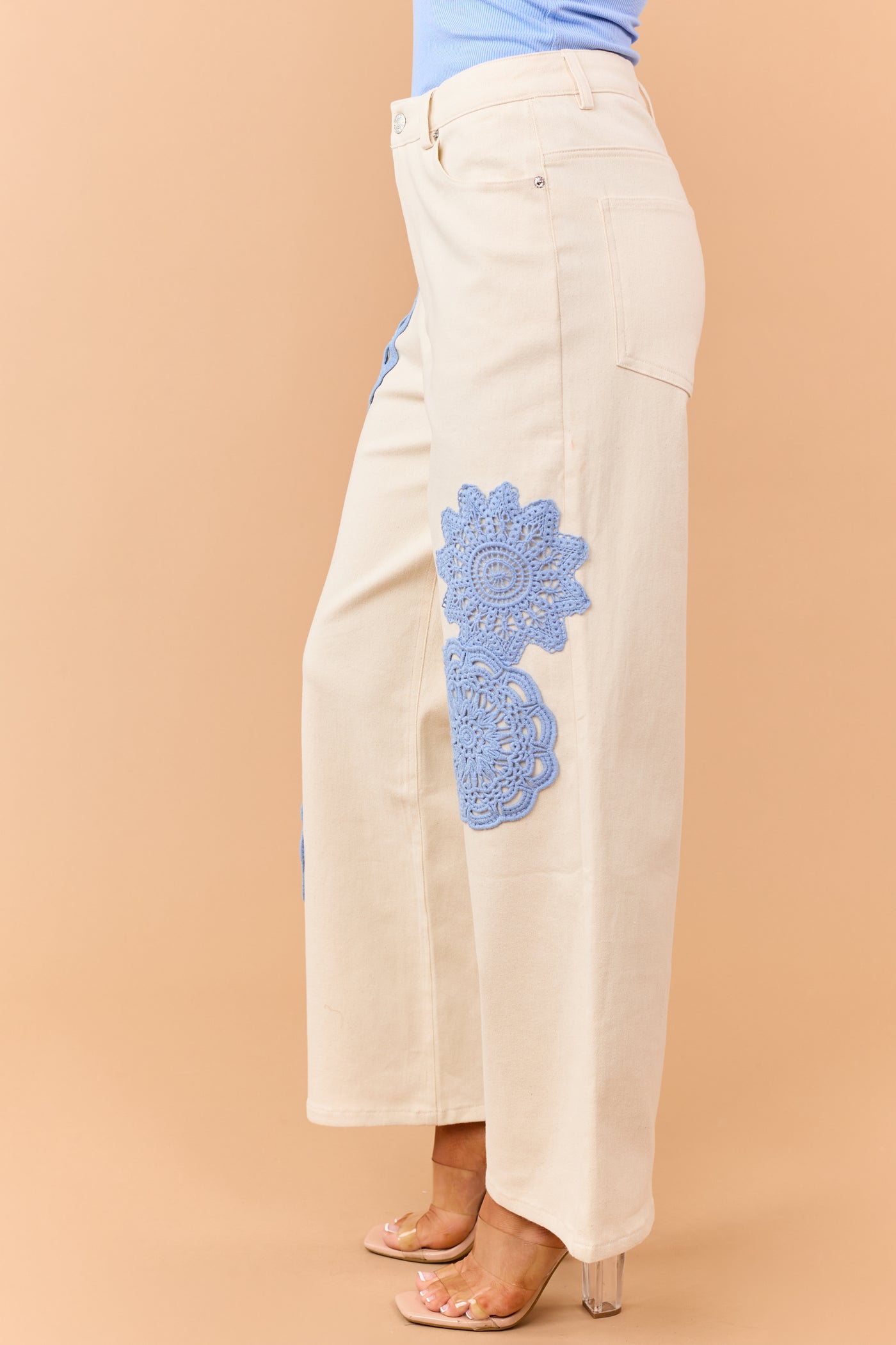 Entro Cream Boho Crochet Patchwork Wide Leg Jeans