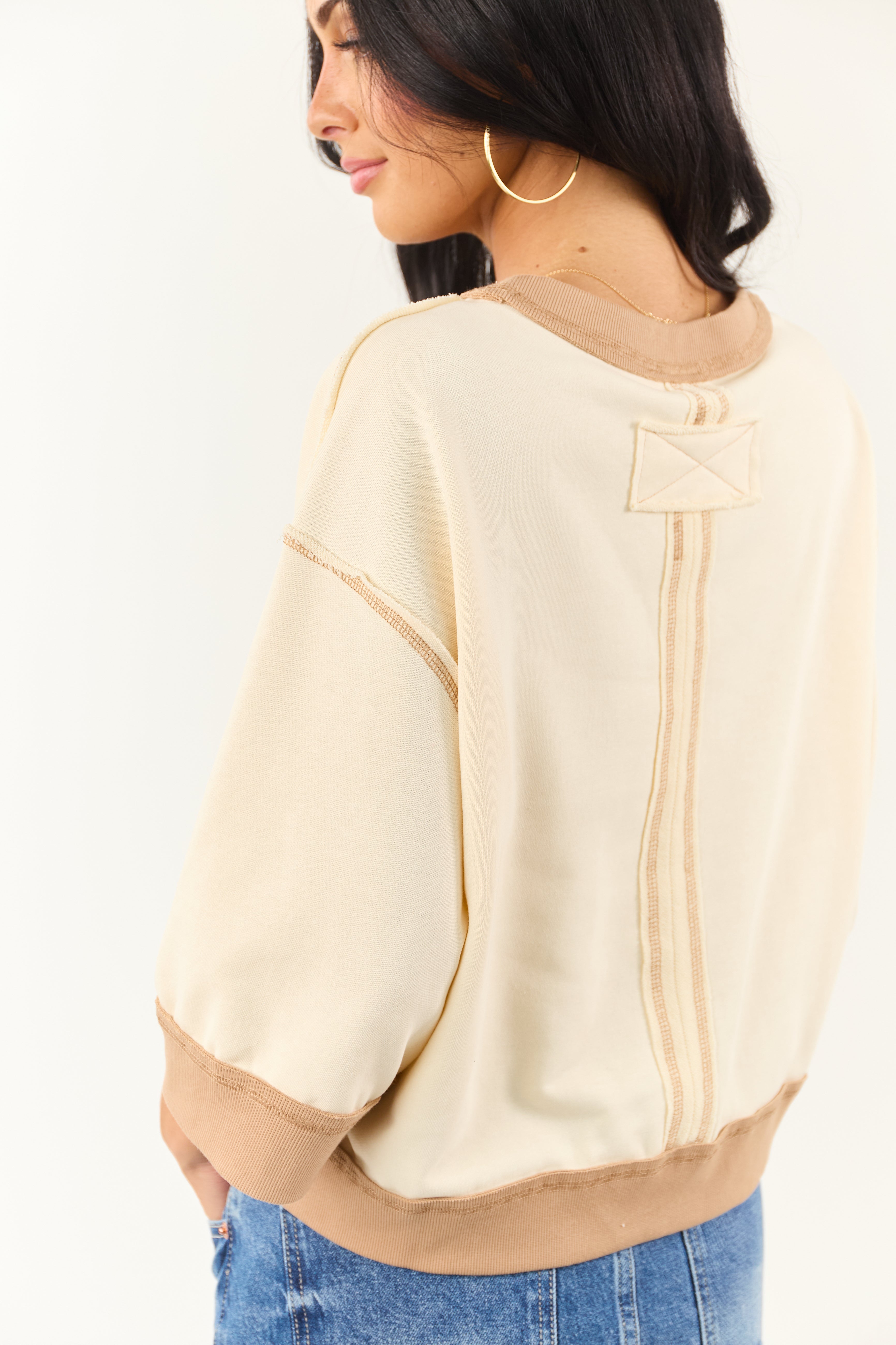 Entro Cream Contrast Trim Half Sleeve Knit Top