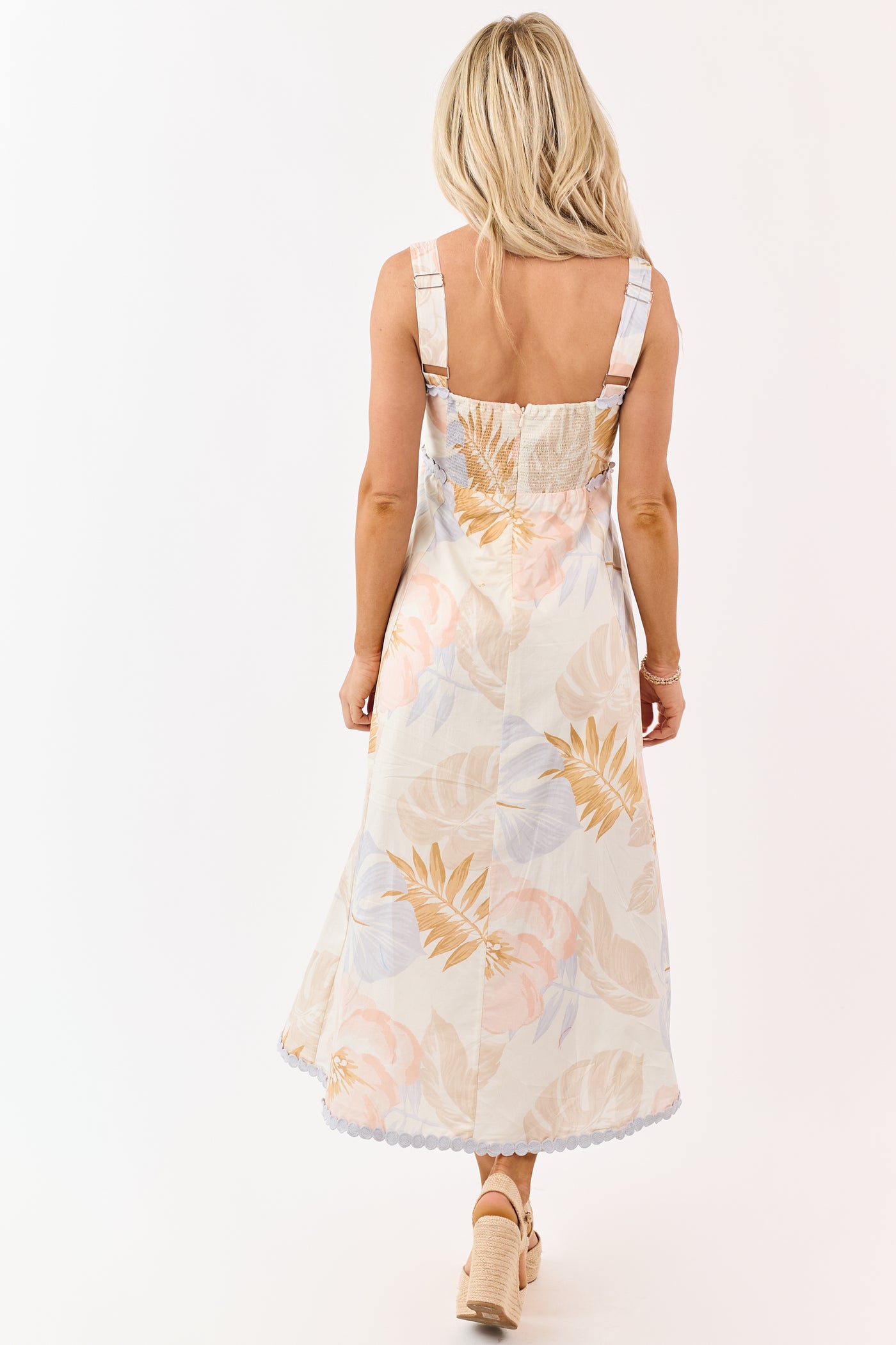 Entro Cream Cotton Floral Print Lace Trim Midi Dress