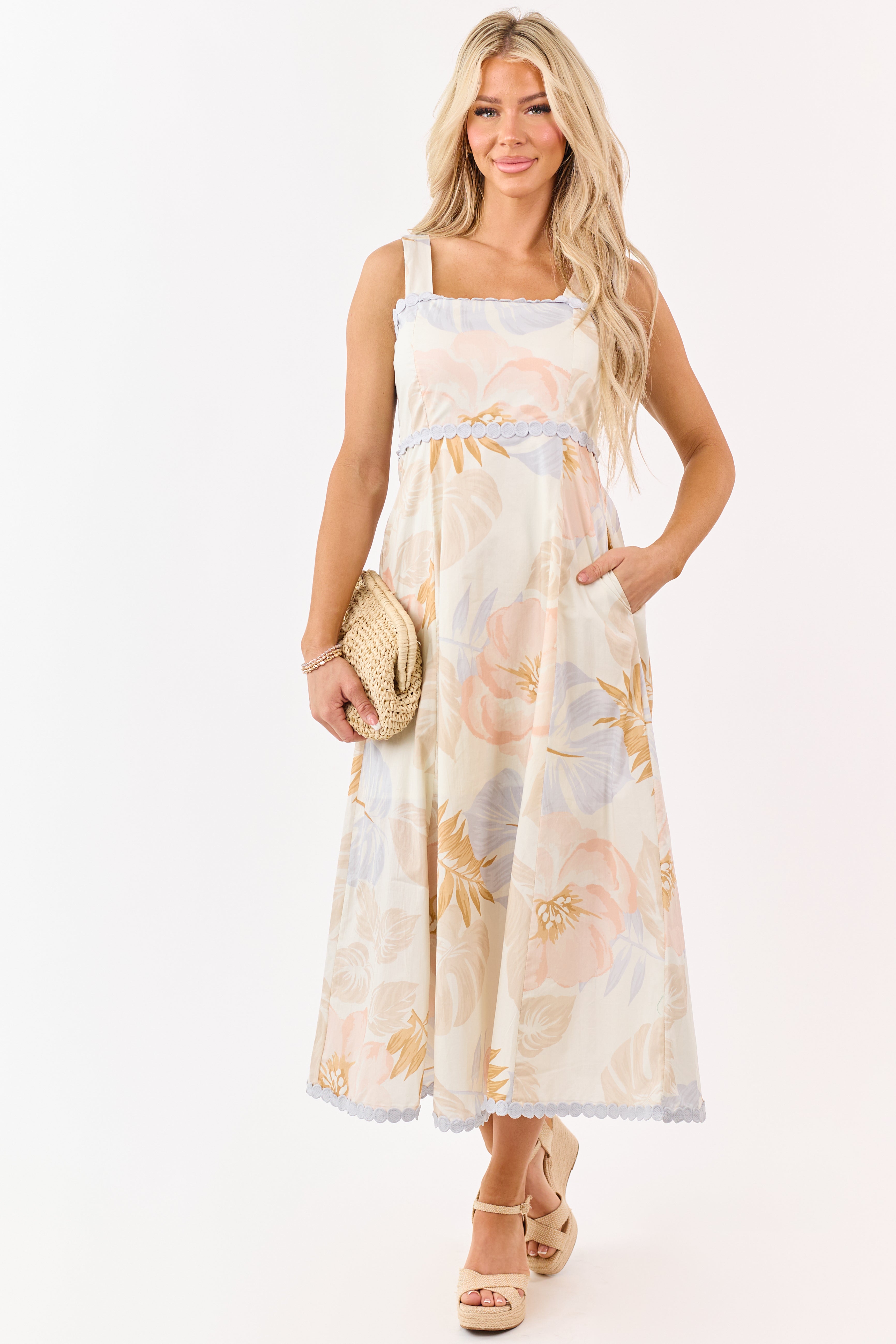 midi cream dress Entro Cream Cotton Floral Print Lace Trim Midi Dress