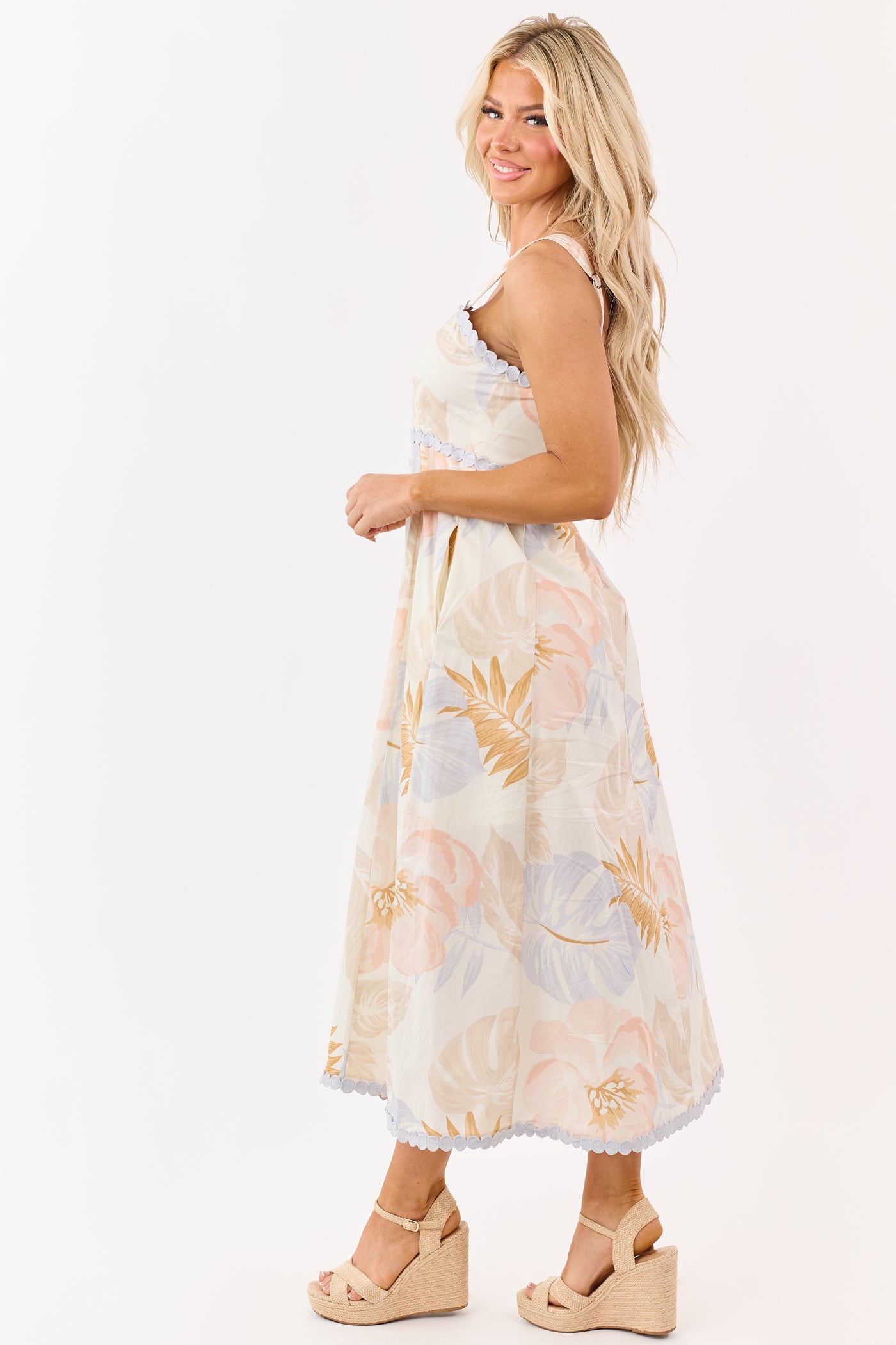 cream lace trimmed midi dress Embroidered Lace Trim Midi Dress