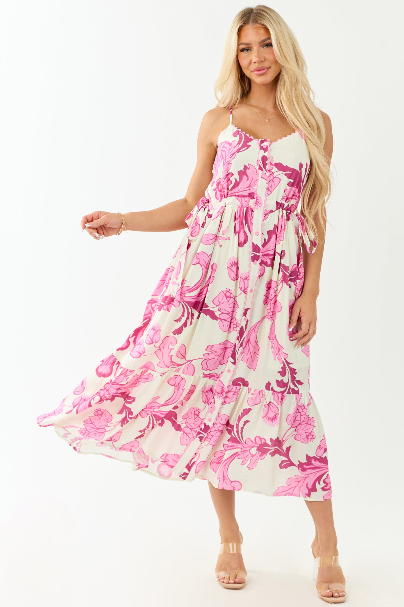 Entro Cream Floral Buttoned Sleeveless Maxi Dress - S Entro Cream Floral Buttoned Sleeveless Maxi Dress - S