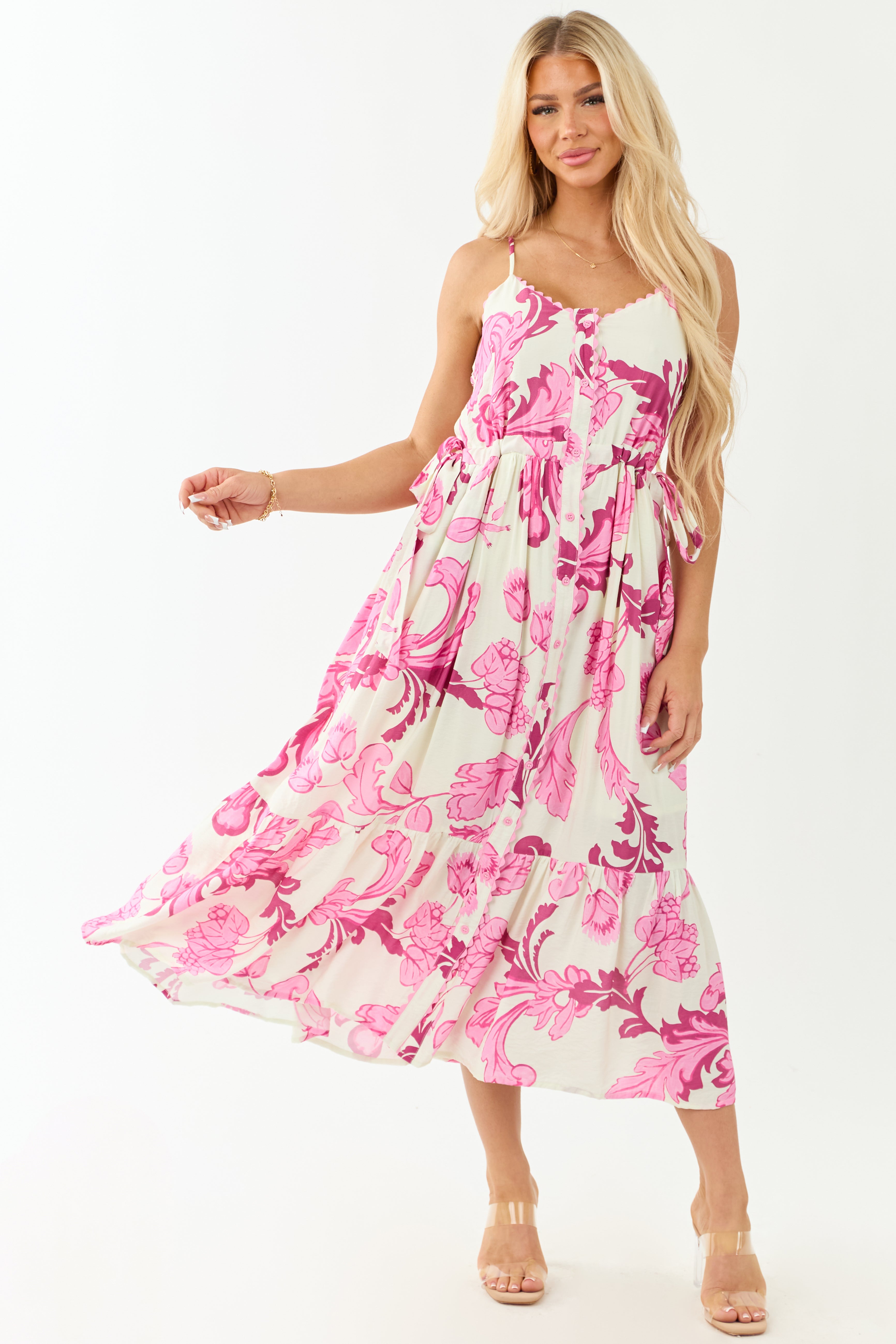 Entro Cream Floral Buttoned Sleeveless Maxi Dress Entro Cream Floral Buttoned Sleeveless Maxi Dress
