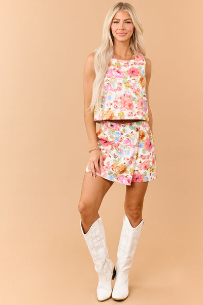 Entro Cream Floral Print Denim Front Overlay Skort