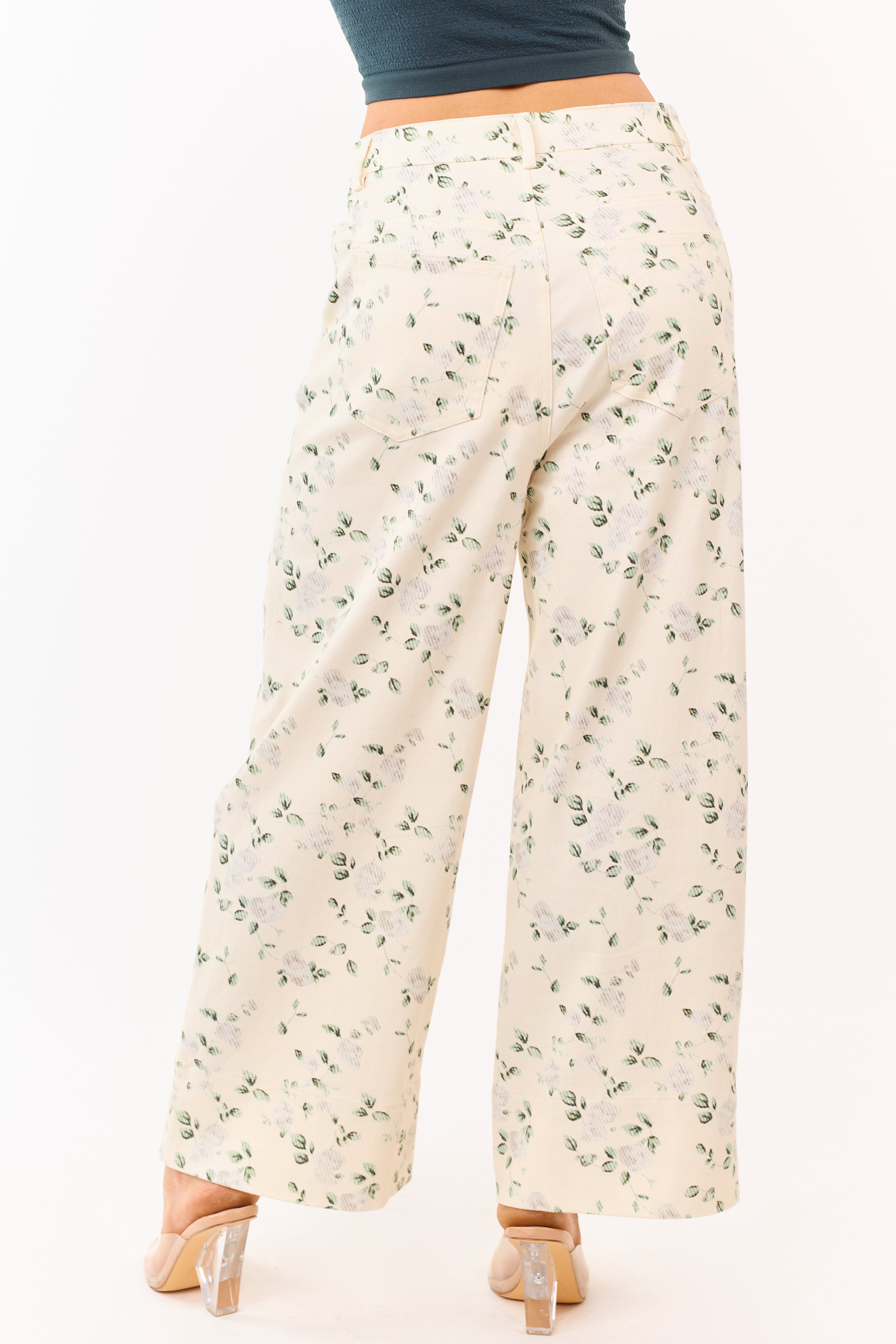 Entro Cream Floral Print Wide Leg Denim Pants | Lime Lush Boutique