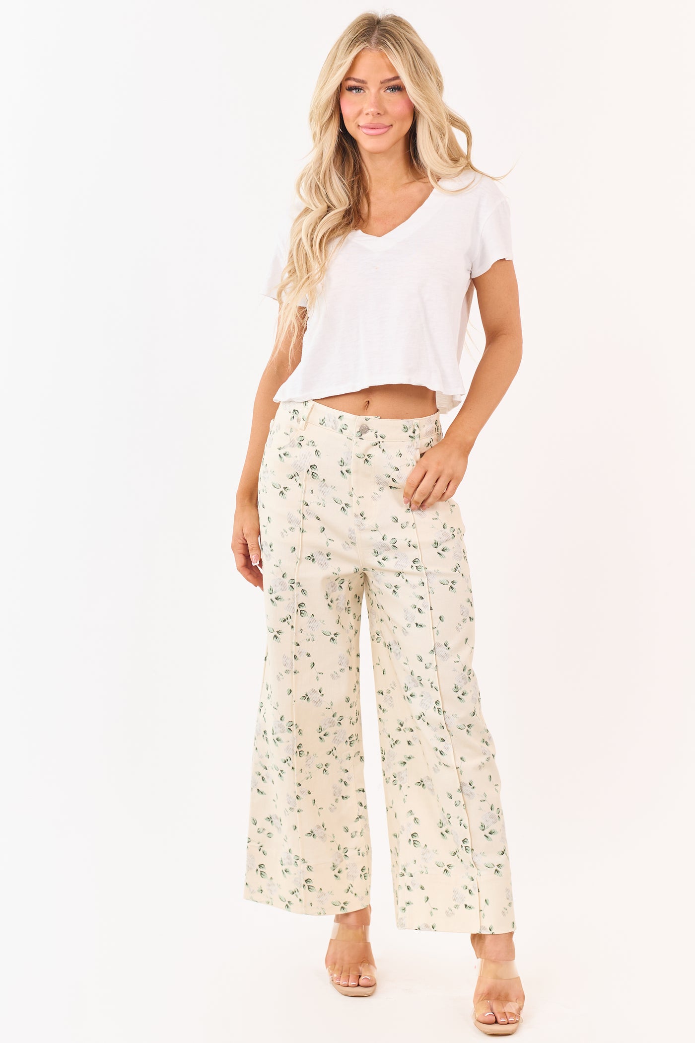 Entro Cream Floral Print Wide Leg Denim Pants