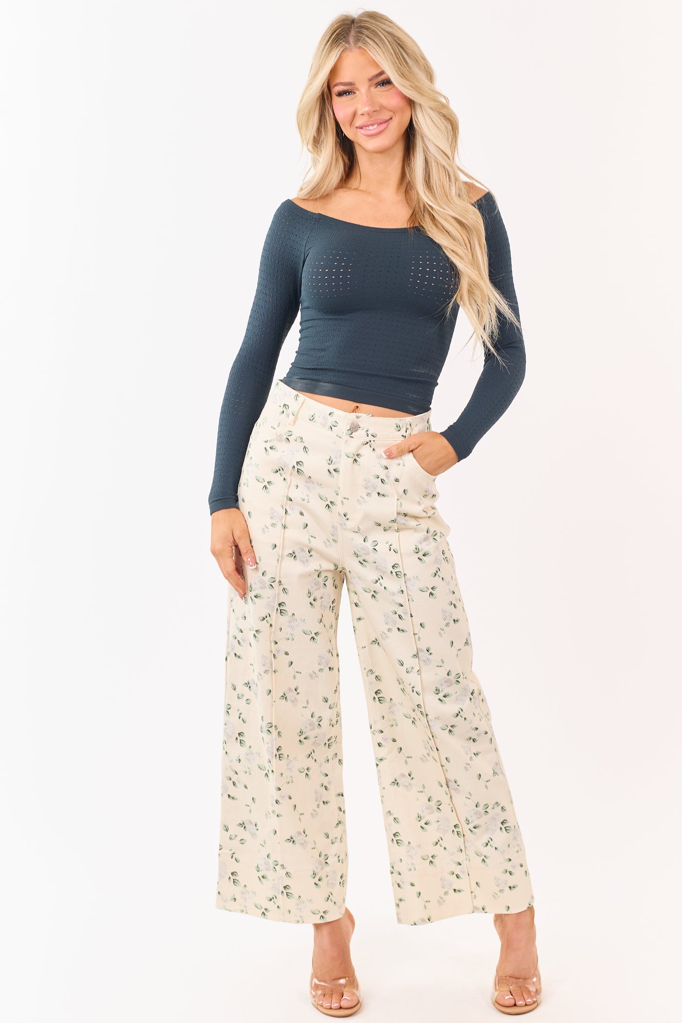 Entro Cream Floral Print Wide Leg Denim Pants