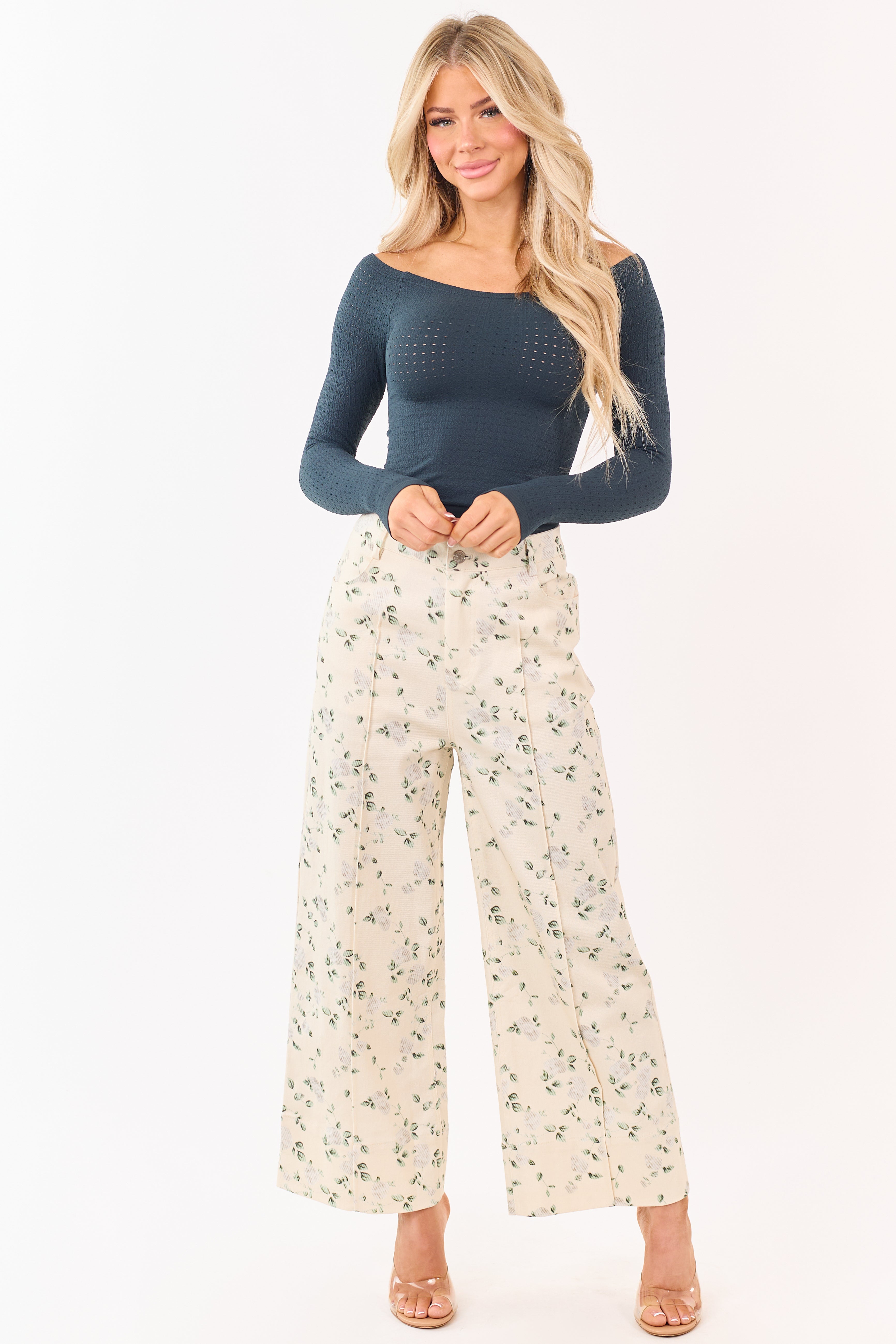 Entro Cream Floral Print Wide Leg Denim Pants