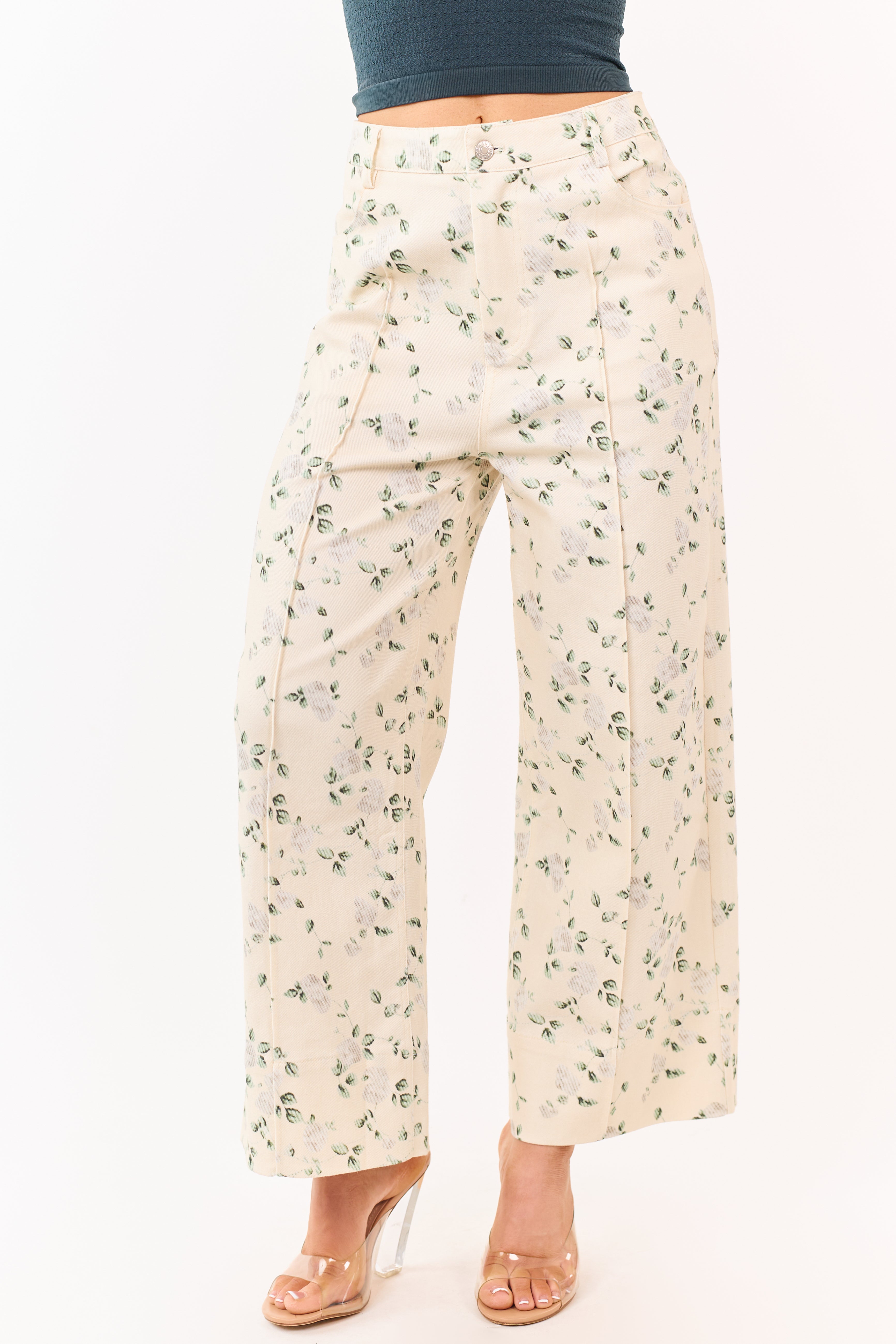 Entro Cream Floral Print Wide Leg Denim Pants | Lime Lush Boutique