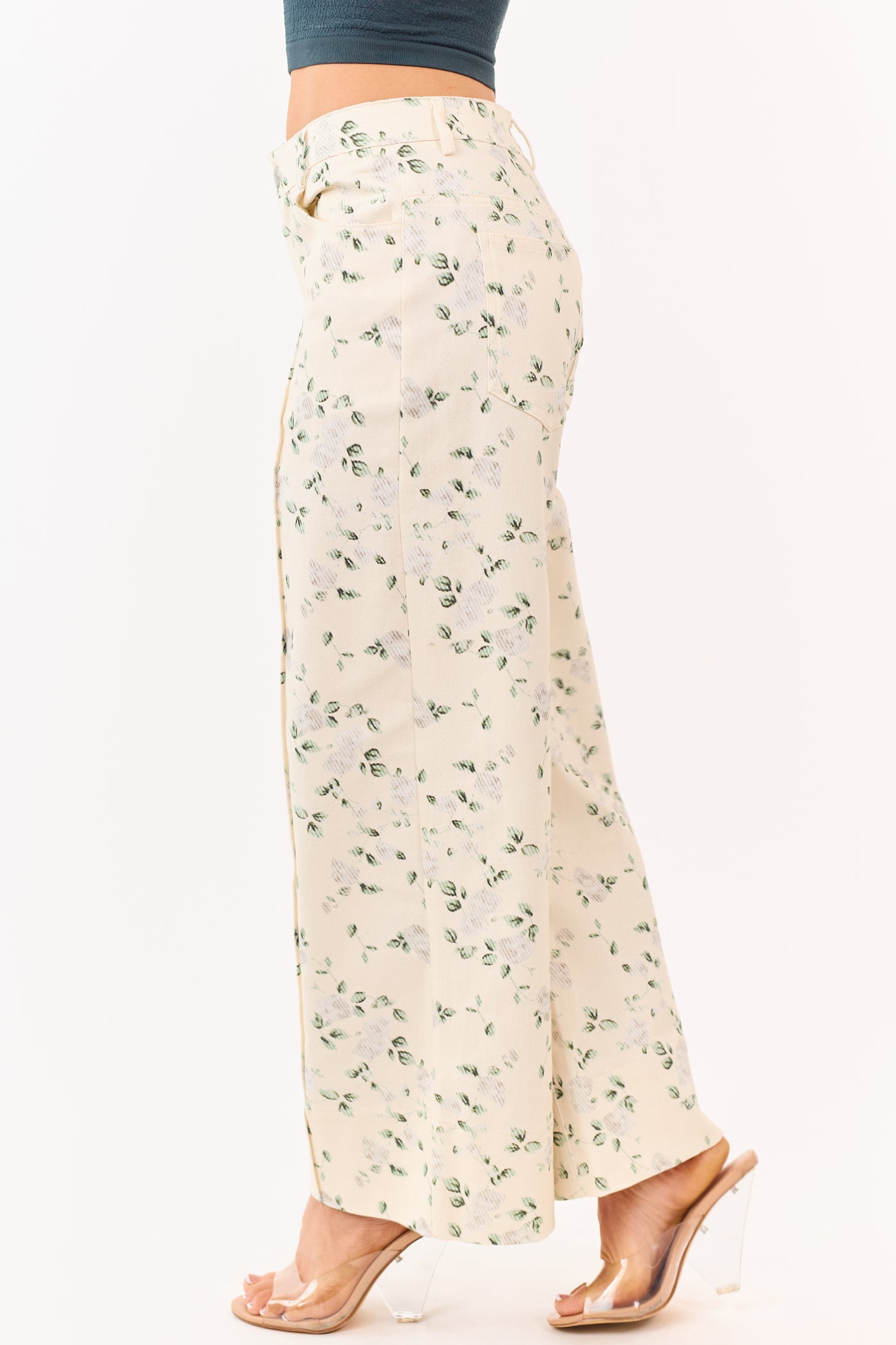 Entro Cream Floral Print Wide Leg Denim Pants