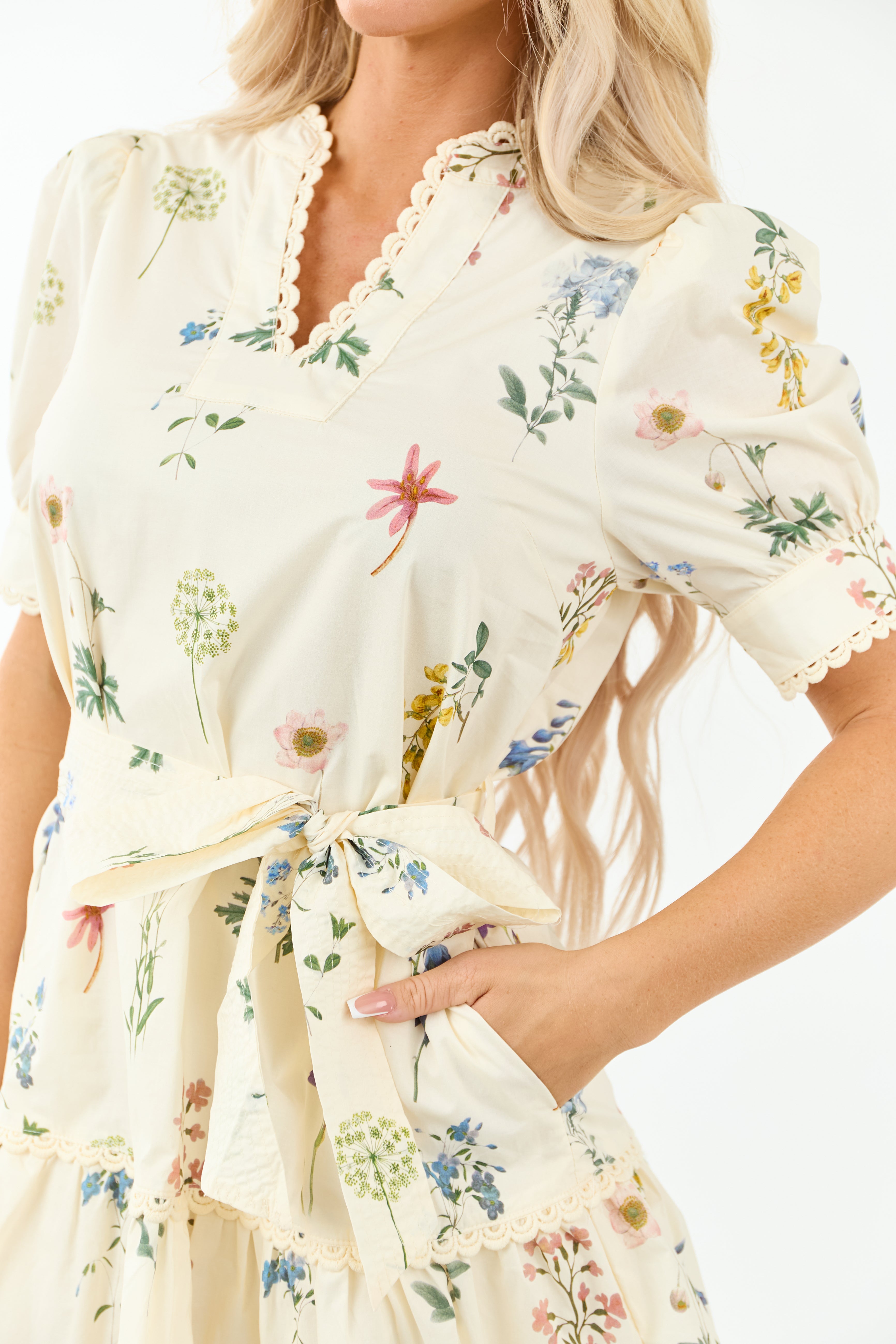 Entro Cream Floral Waist Tie Cotton Mini Dress Entro Cream Floral Waist Tie Cotton Mini Dress