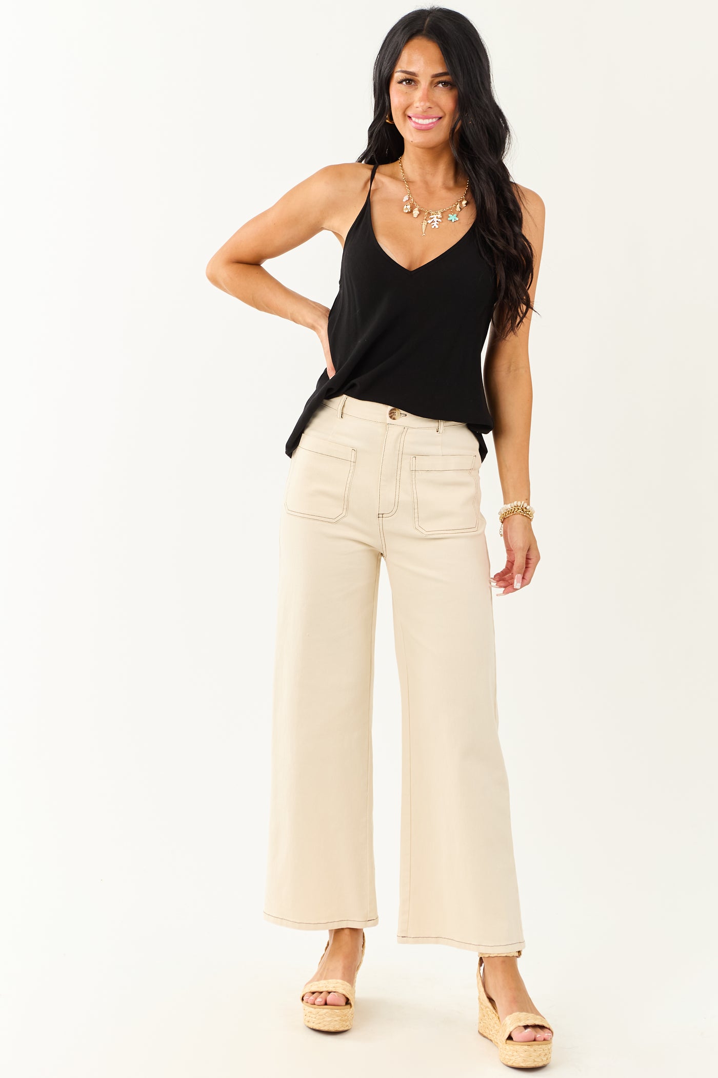 Entro Cream High Rise Wide Leg Denim Pants