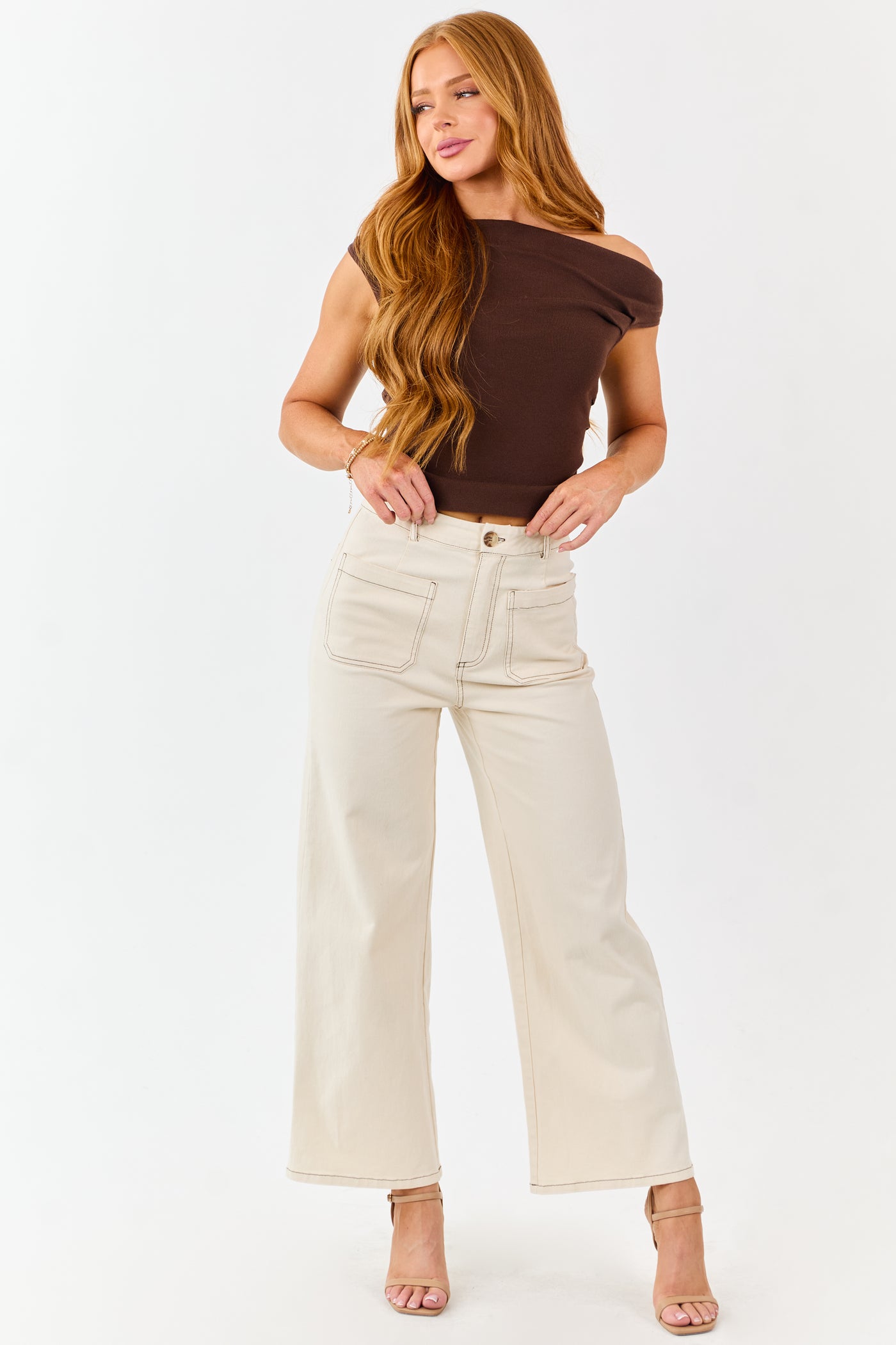 Entro Cream High Rise Wide Leg Denim Pants