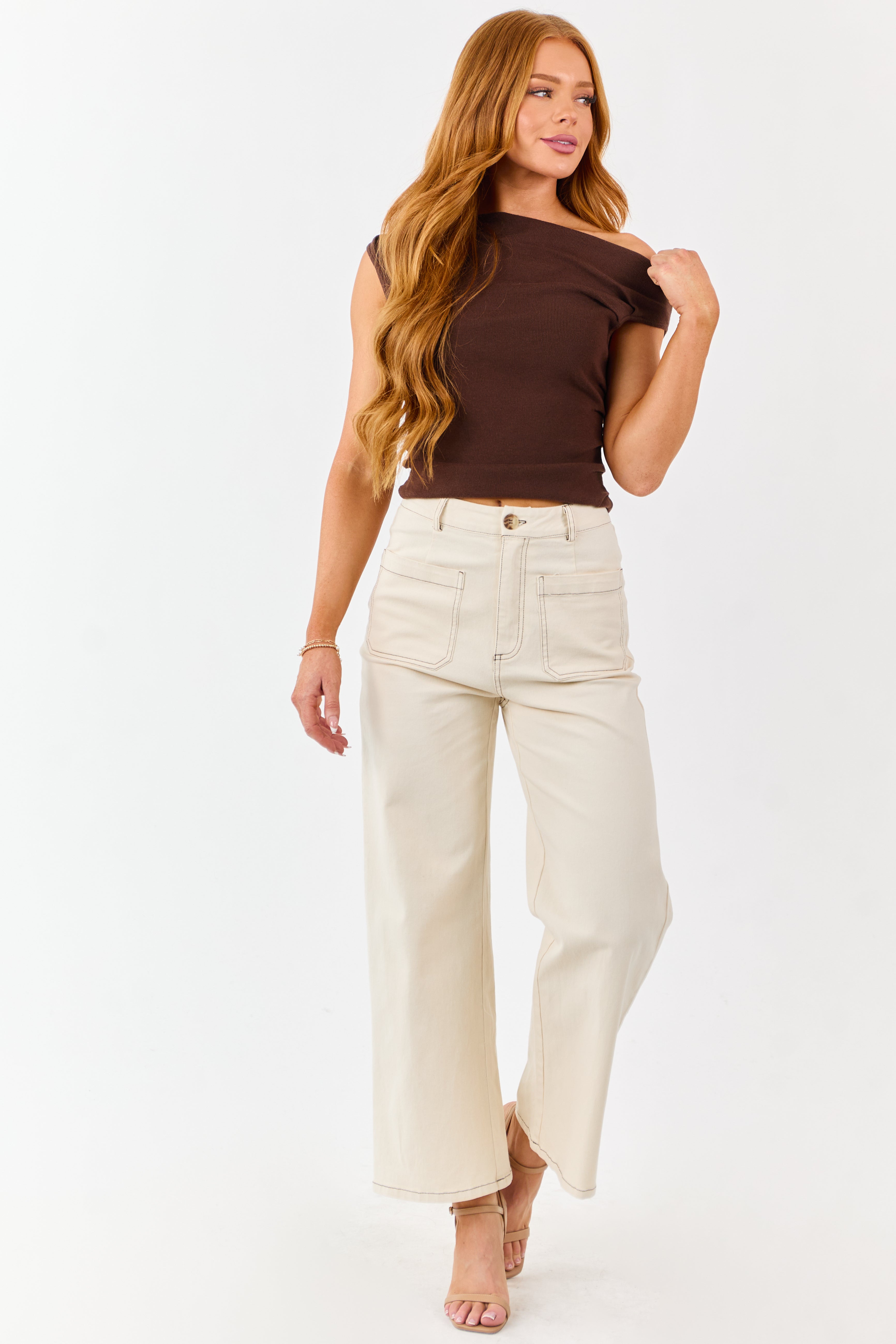 Entro Cream High Rise Wide Leg Denim Pants
