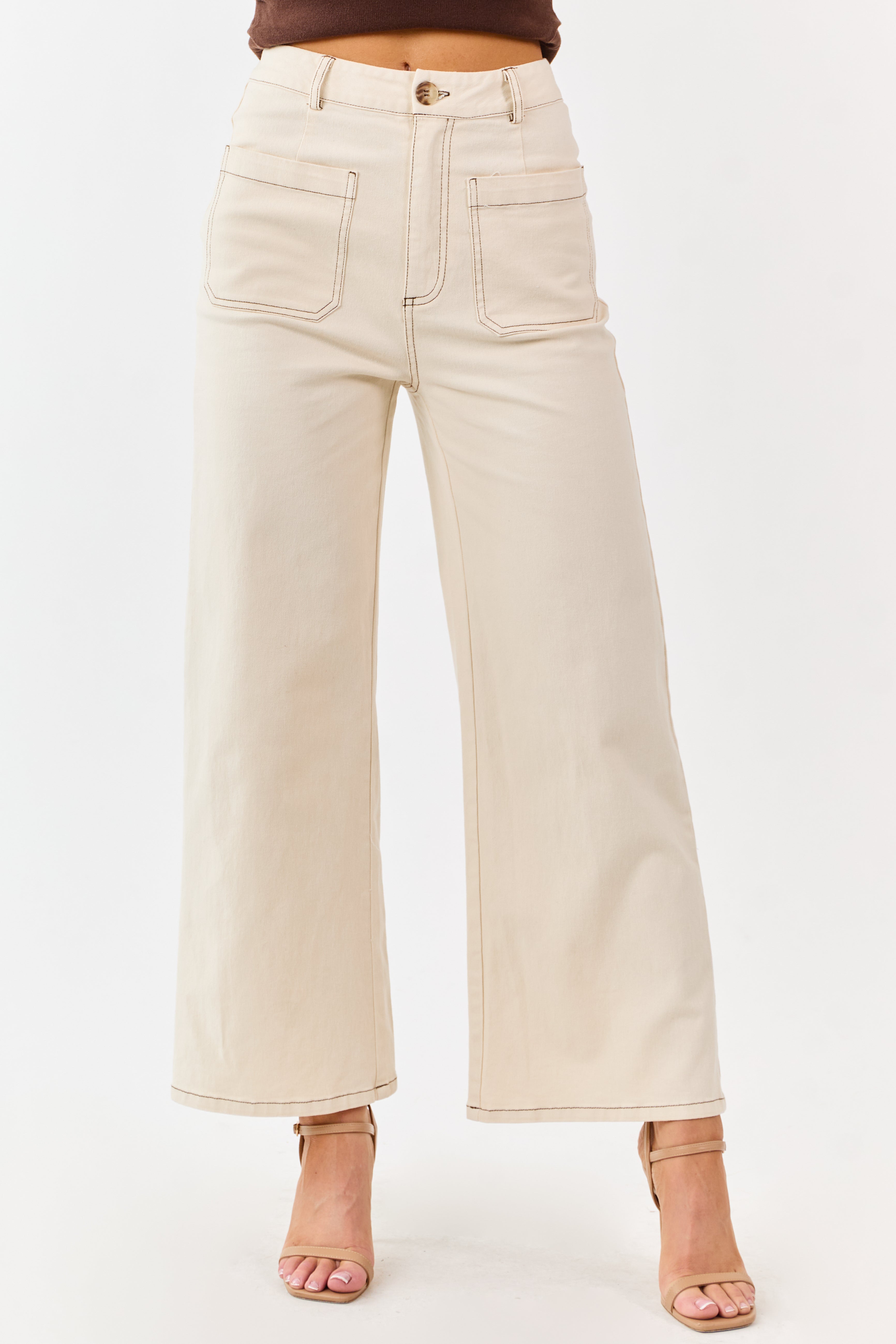 Entro Cream High Rise Wide Leg Denim Pants