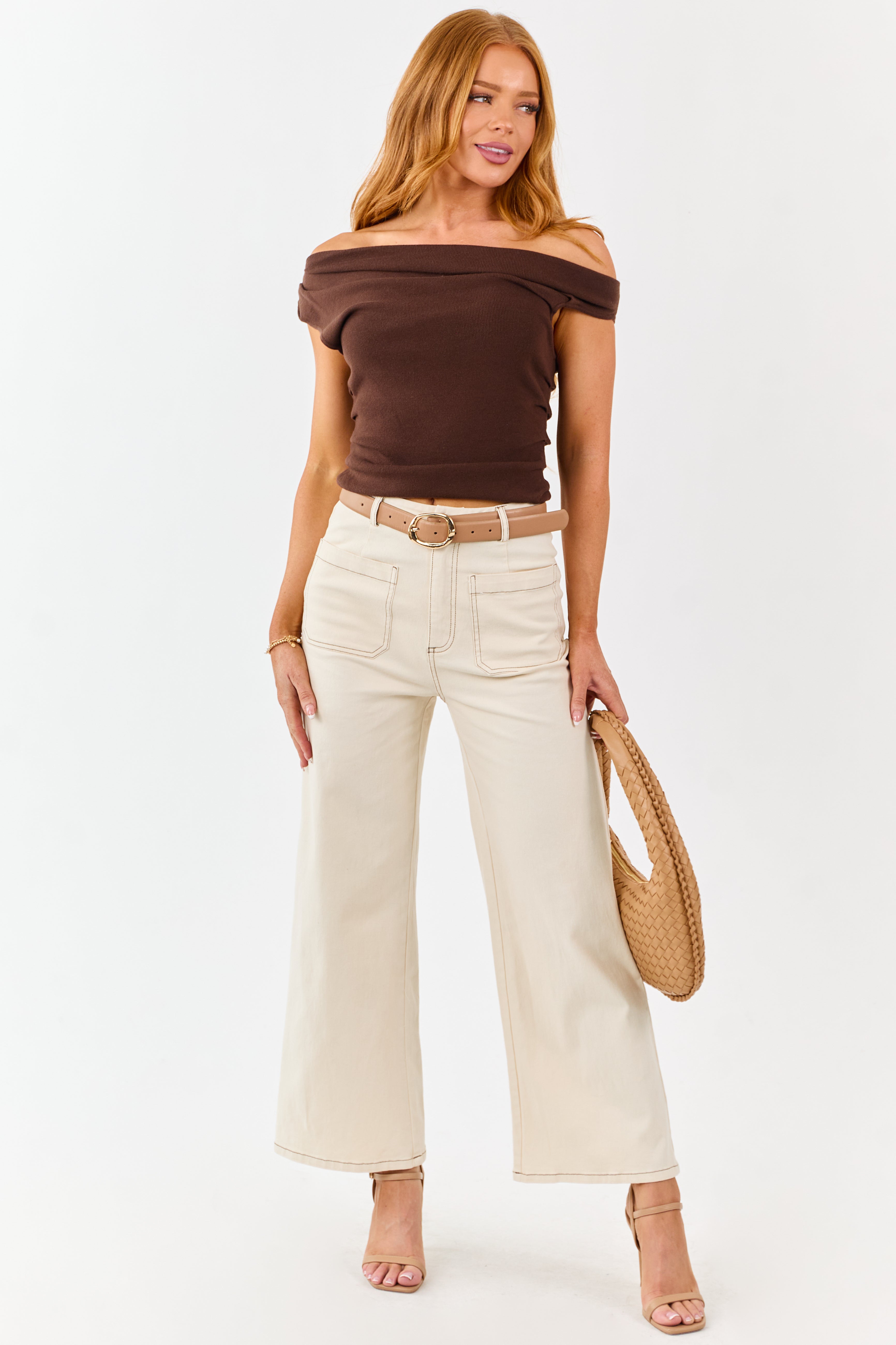 Entro Cream High Rise Wide Leg Denim Pants