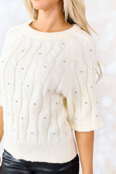 Entro Cream Rhinestone Cable Knit Sweater Top