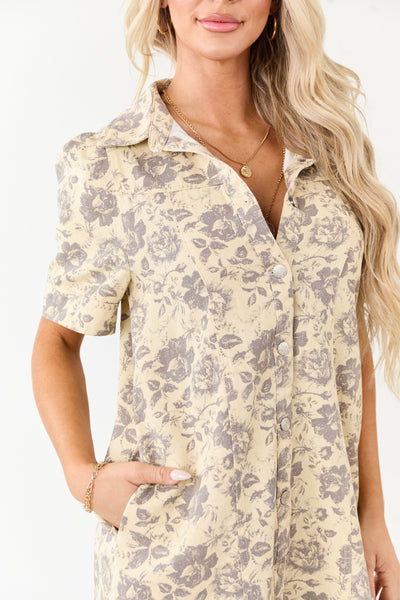 Entro Cream Rose Print Denim Mini Shift Dress