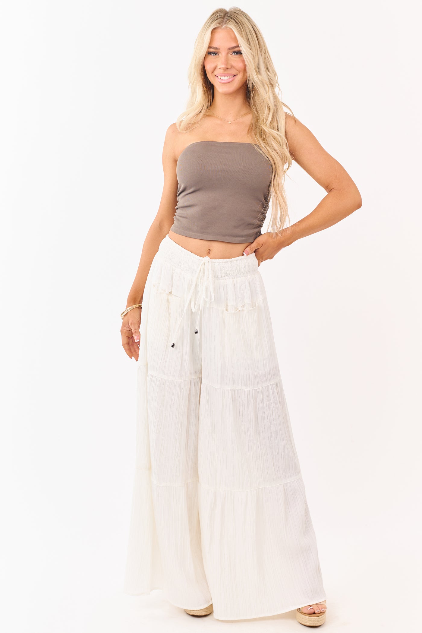 Entro Cream Smocked Drawstring Waist Palazzo Pants