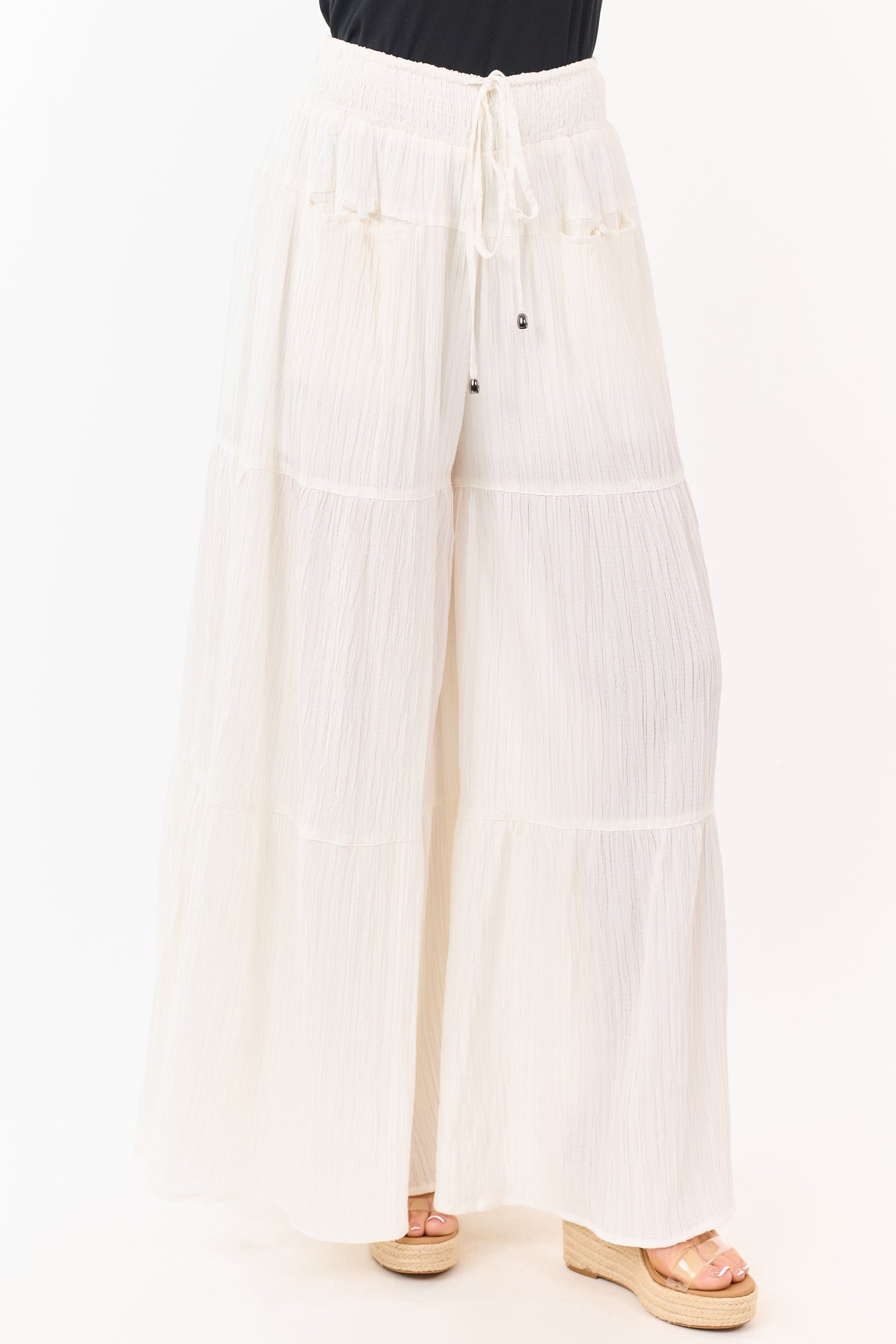 Entro Cream Smocked Drawstring Waist Palazzo Pants