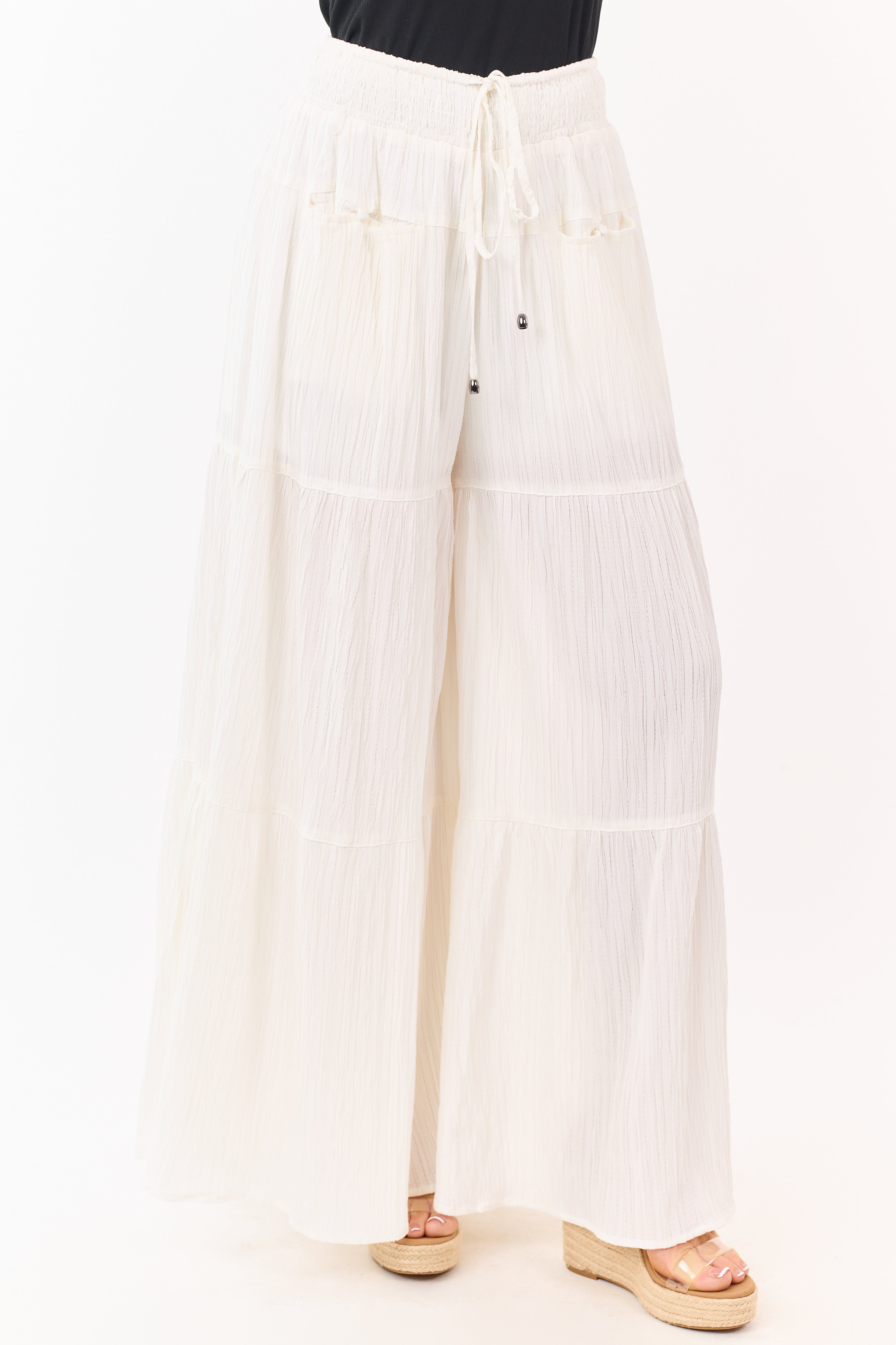 Entro Cream Smocked Drawstring Waist Palazzo Pants