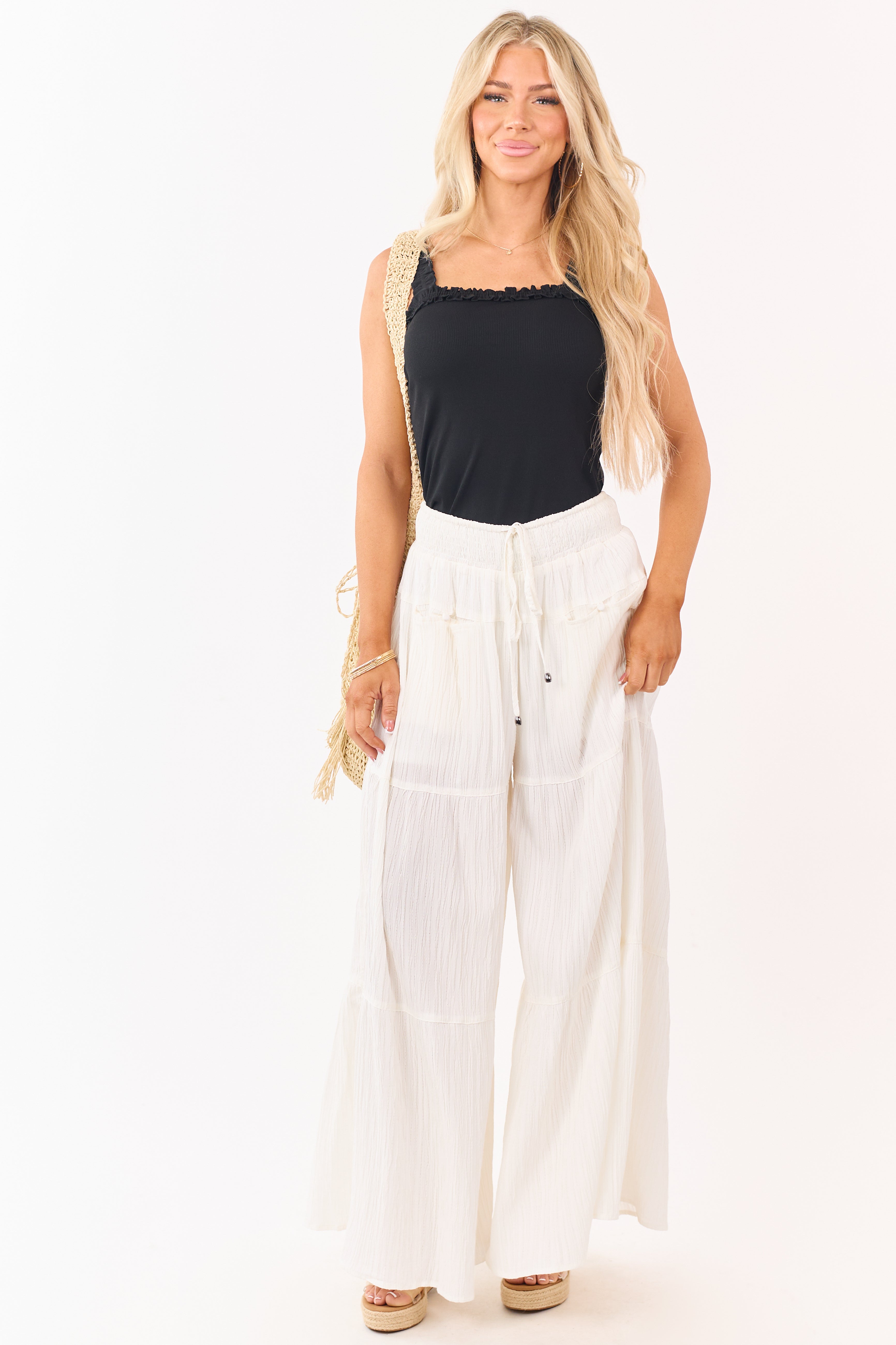 Entro Cream Smocked Drawstring Waist Palazzo Pants