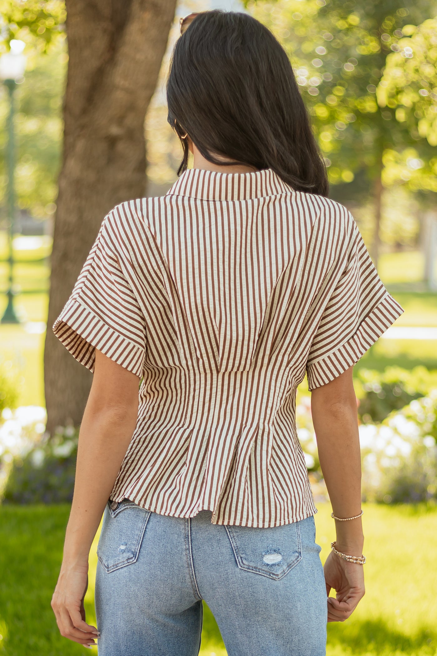 Entro Cream Striped Pleated Short Sleeve Top