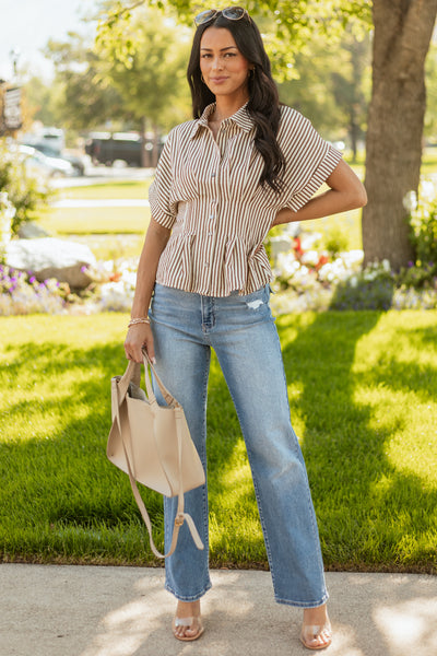 Entro Cream Striped Pleated Short Sleeve Top