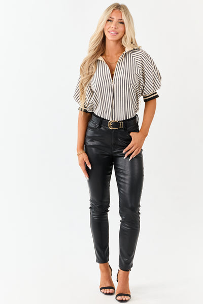 Entro Cream and Black Striped Half Puff Sleeve Top