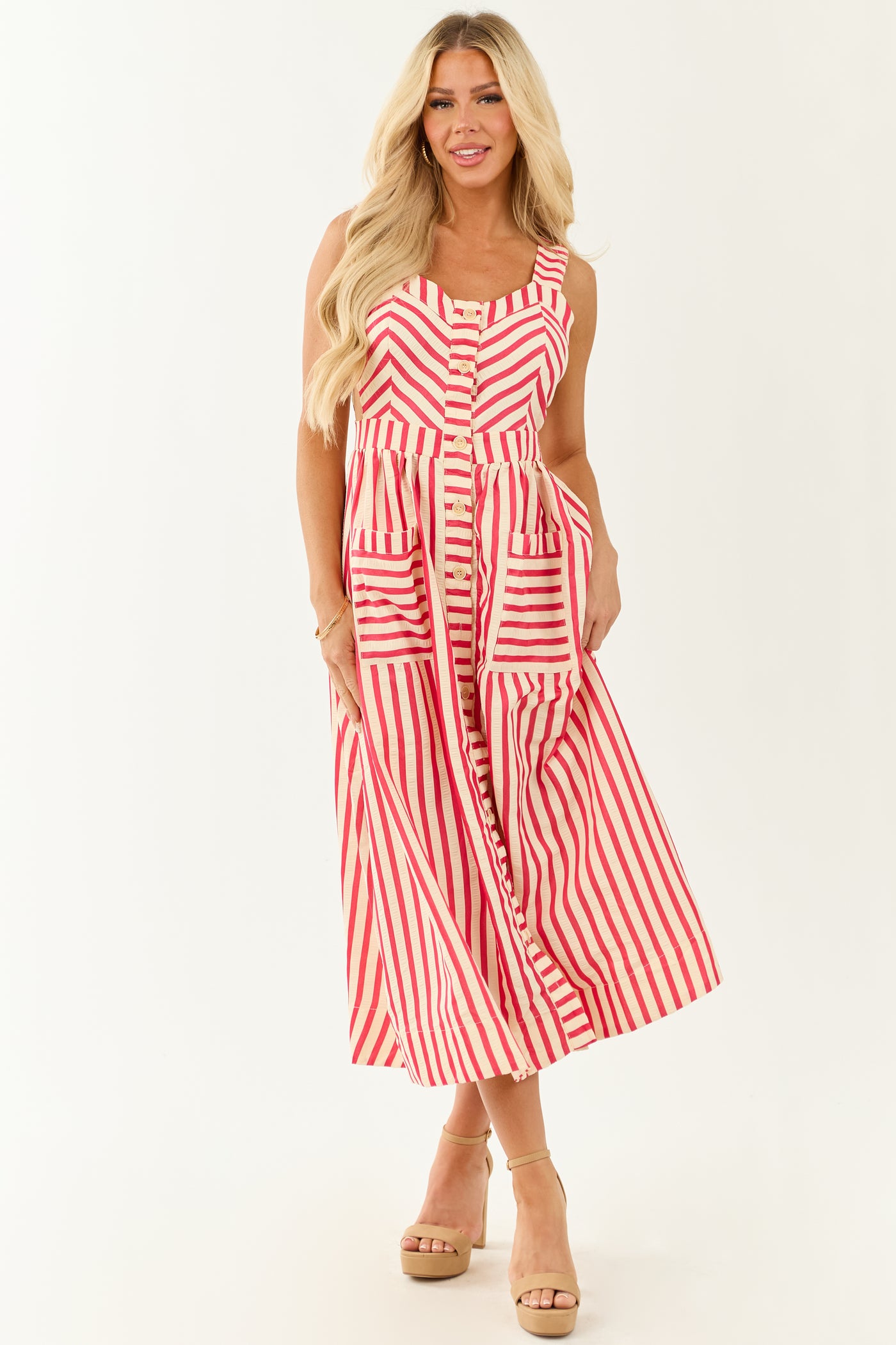 Entro Crimson and Cream Striped Cut Out Midi Dress