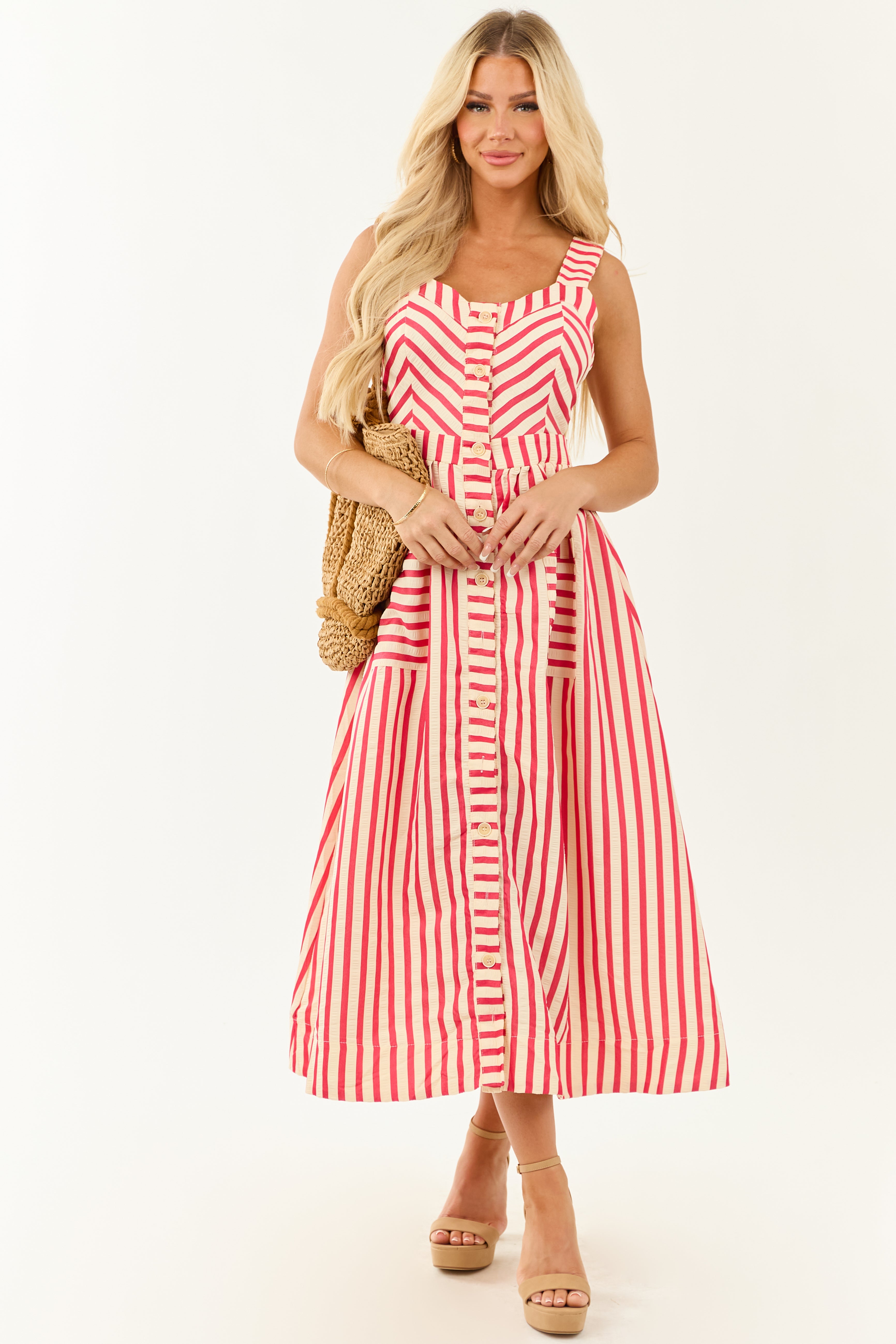 Entro Crimson and Cream Striped Cut Out Midi Dress Entro Crimson and Cream Striped Cut Out Midi Dress