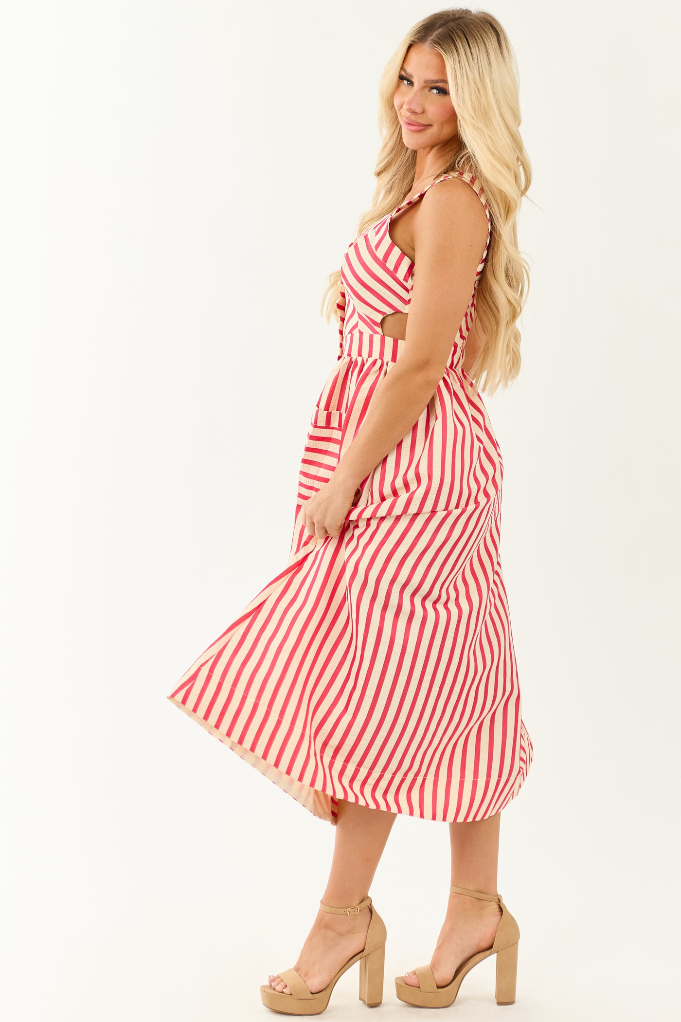 Entro Crimson and Cream Striped Cut Out Midi Dress Entro Crimson and Cream Striped Cut Out Midi Dress
