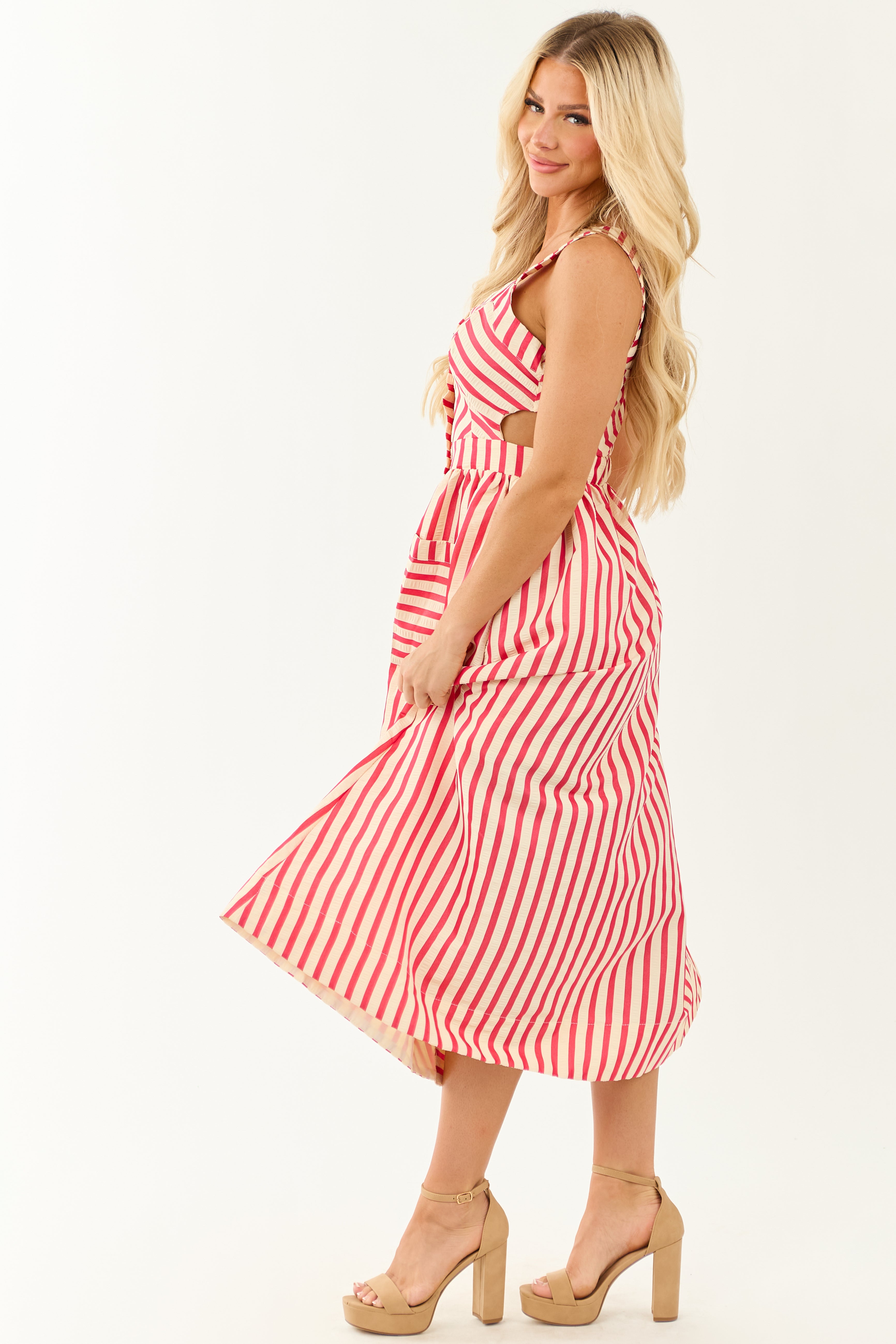 Entro Crimson and Cream Striped Cut Out Midi Dress