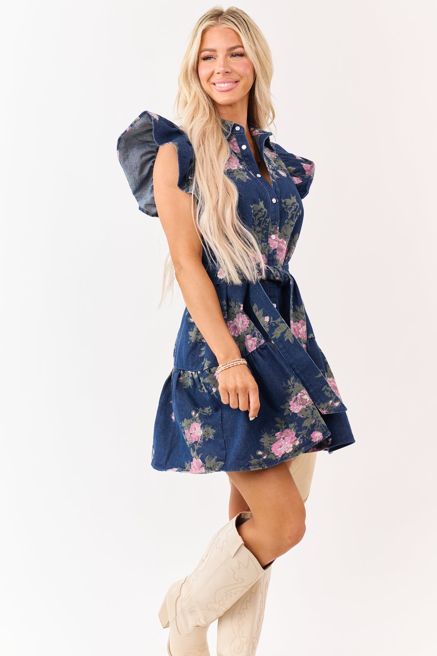 Entro Dark Denim Floral Button Down Mini Dress