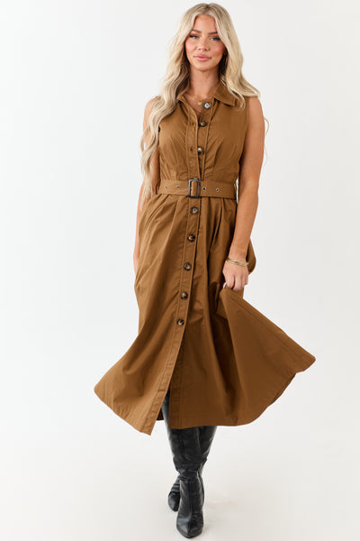 Entro Deep Caramel Button Down Cotton Midi Dress