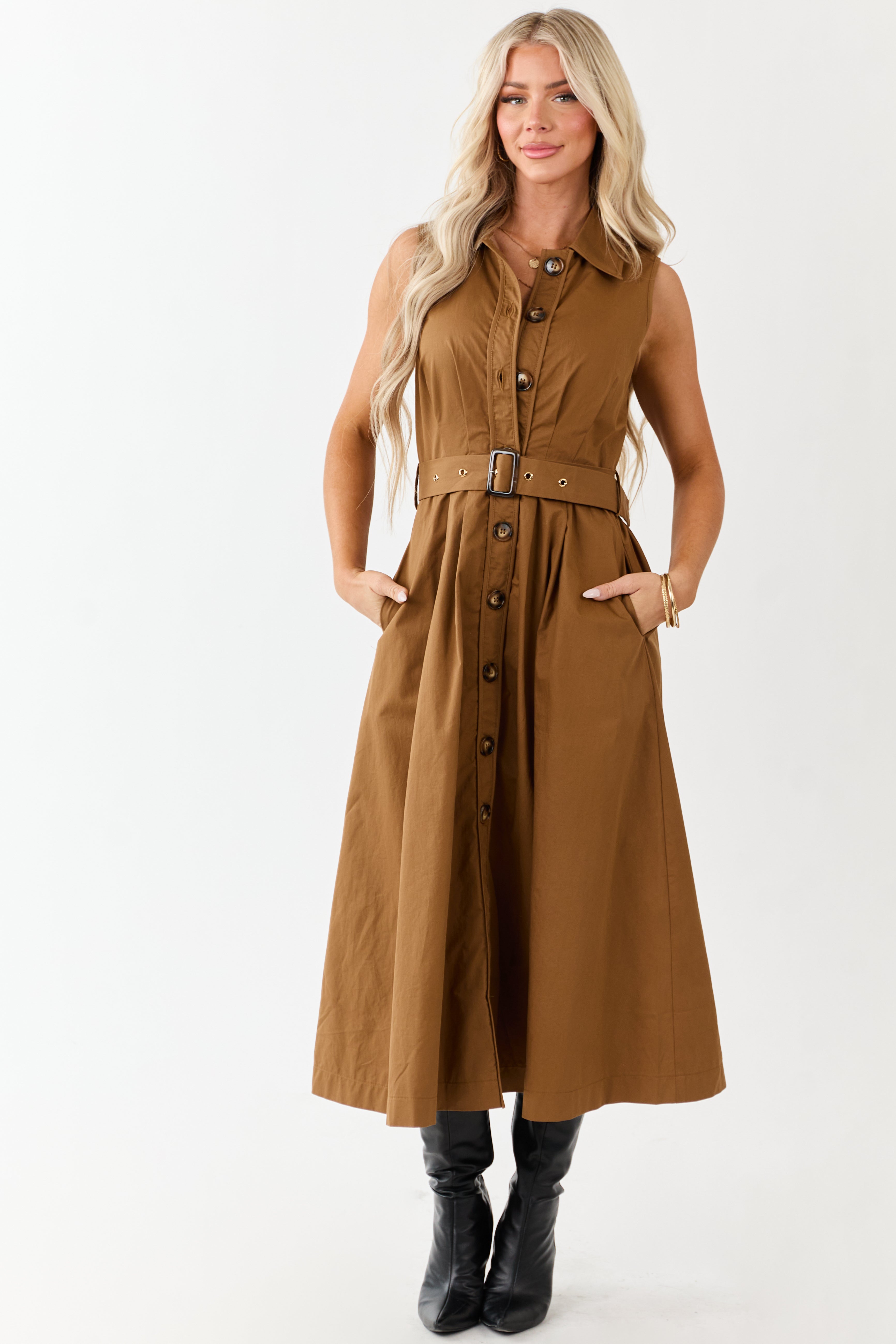 Entro Deep Caramel Button Down Cotton Midi Dress Entro Deep Caramel Button Down Cotton Midi Dress