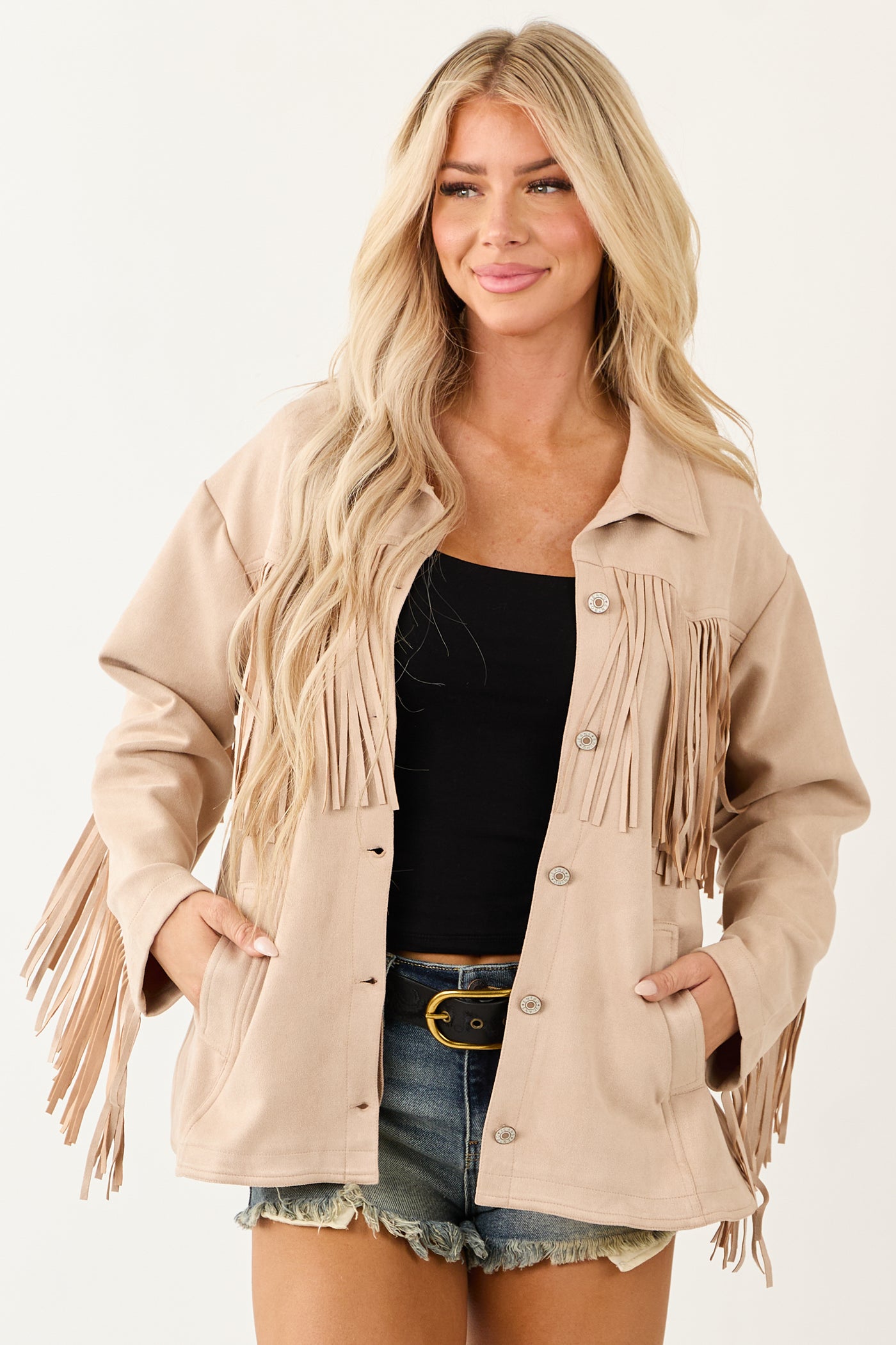 Entro Desert Sand Faux Suede Fringe Jacket