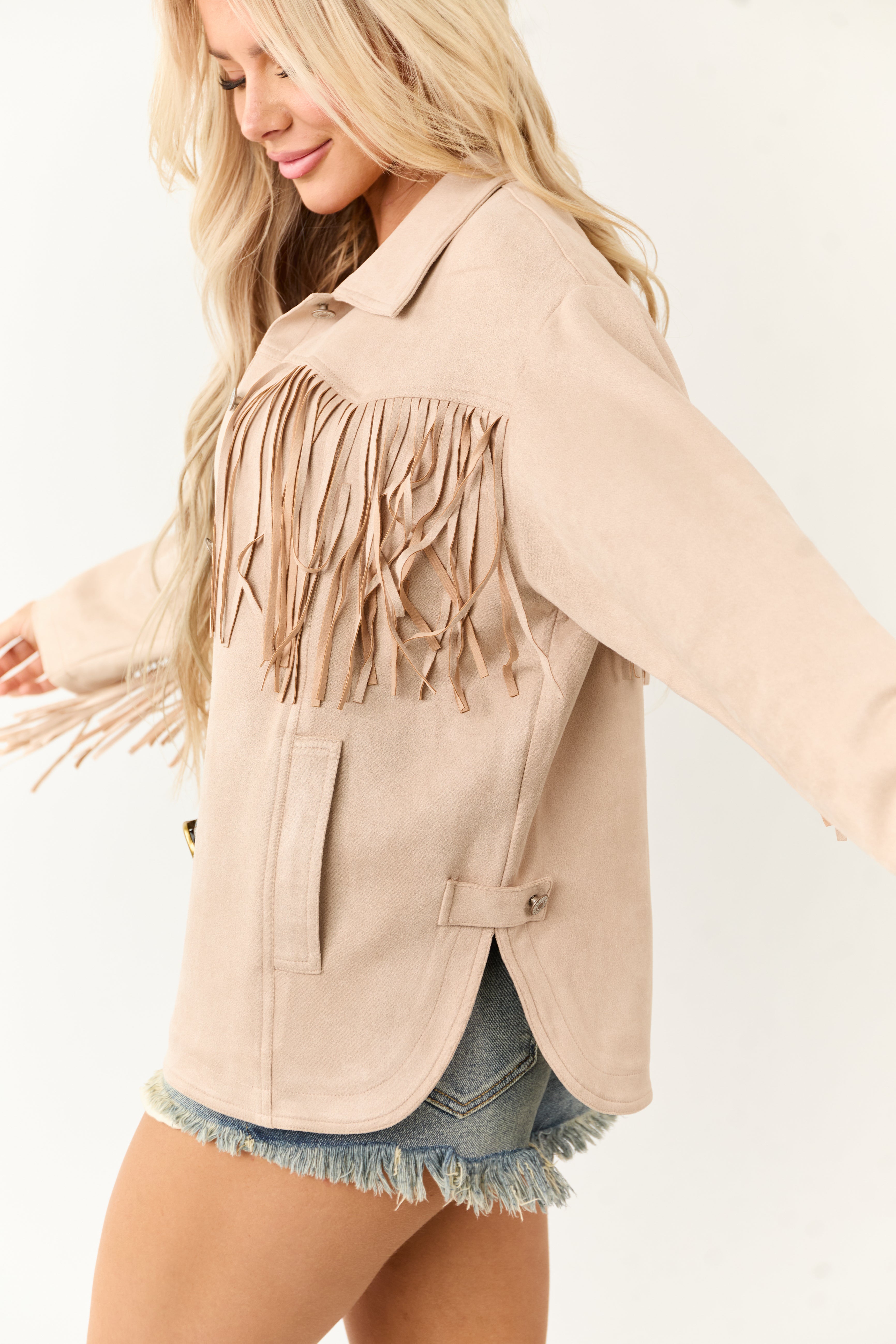 Entro Desert Sand Faux Suede Fringe Jacket