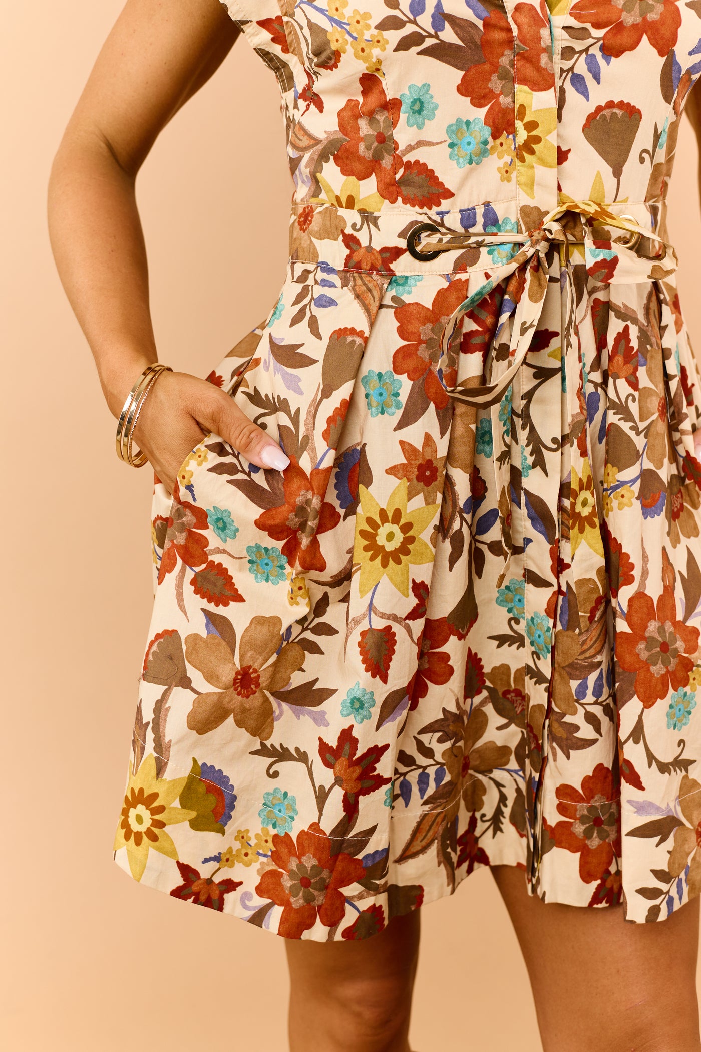 Entro Desert Sand Floral Cotton Waist Tie Mini Dress