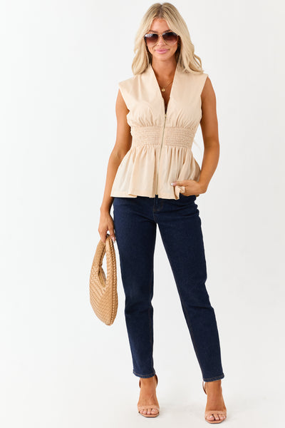 Entro Desert Sand Smocked Waist Zip Up Tank Top