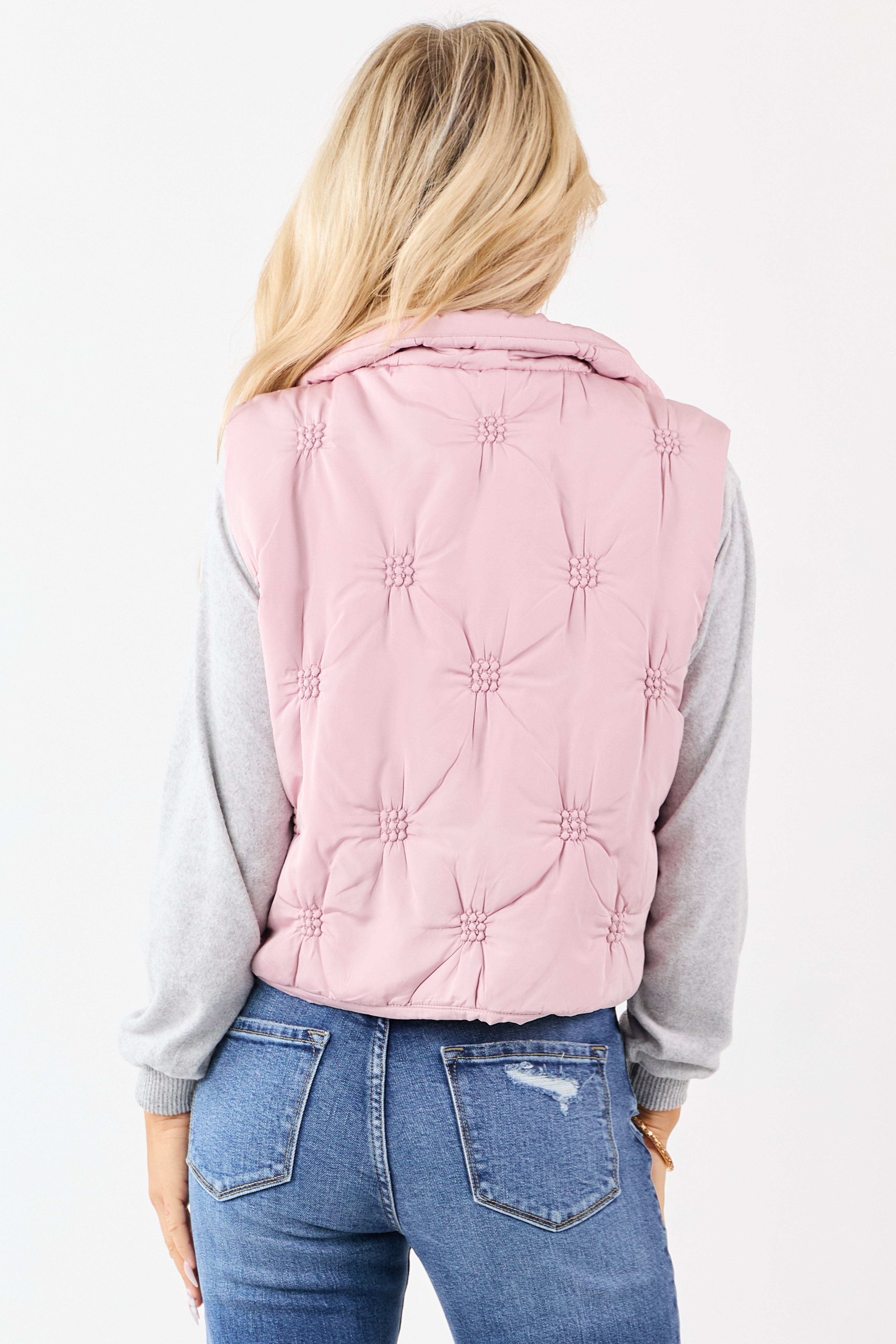 Entro Dusty Blush Raised Stitch Zip Up Puffer Vest