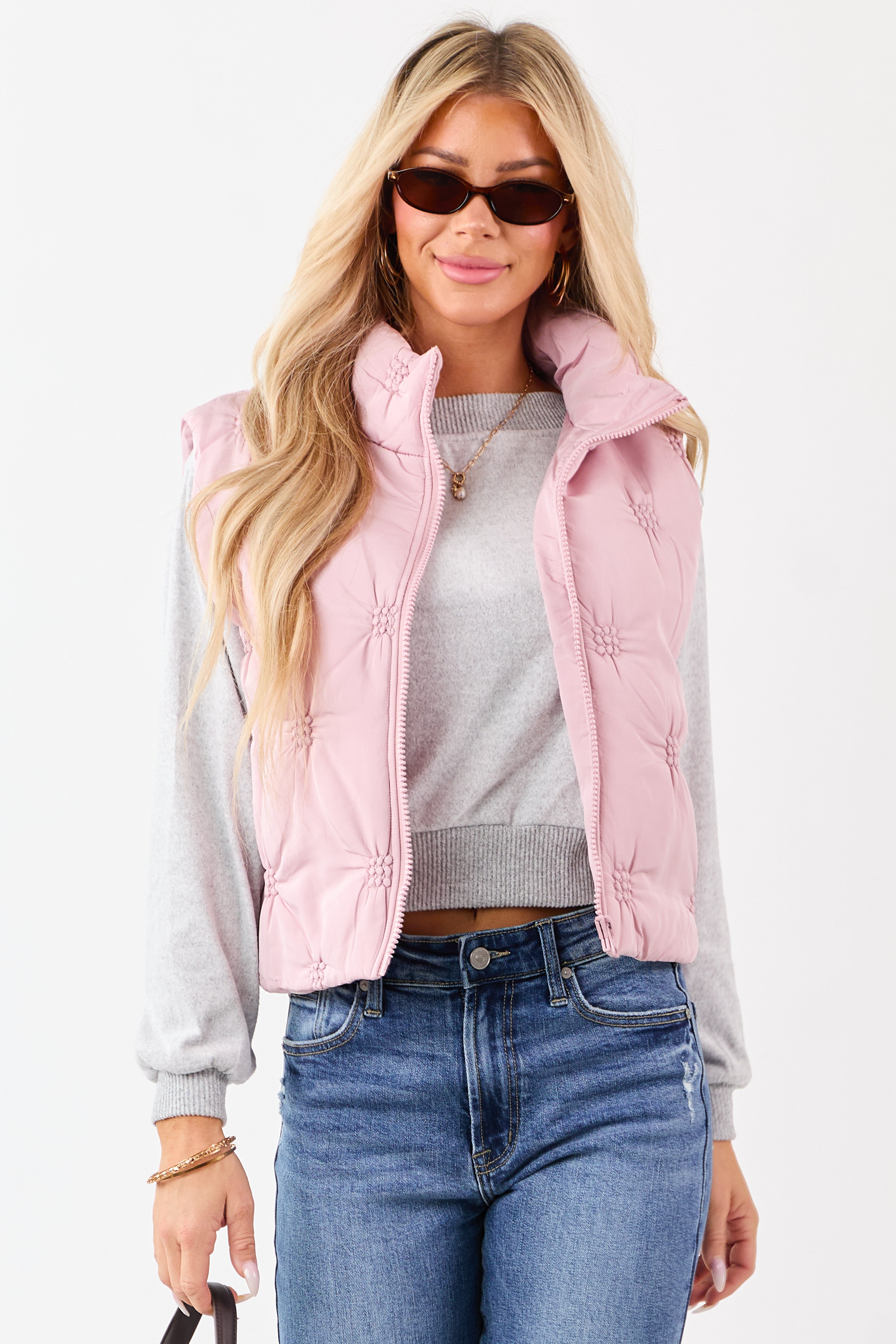 Entro Dusty Blush Raised Stitch Zip Up Puffer Vest | Lime Lush