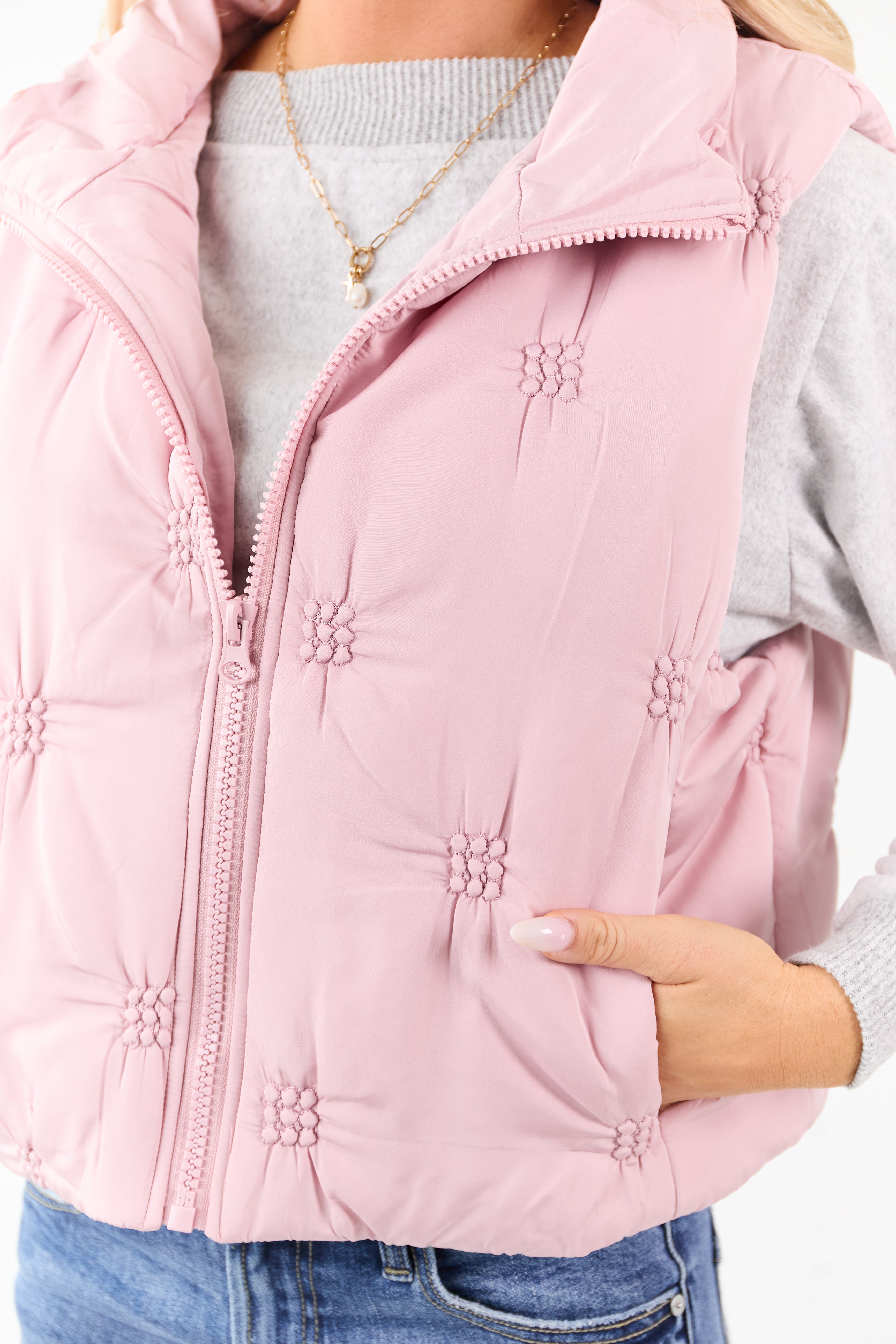 Entro Dusty Blush Raised Stitch Zip Up Puffer Vest | Lime Lush