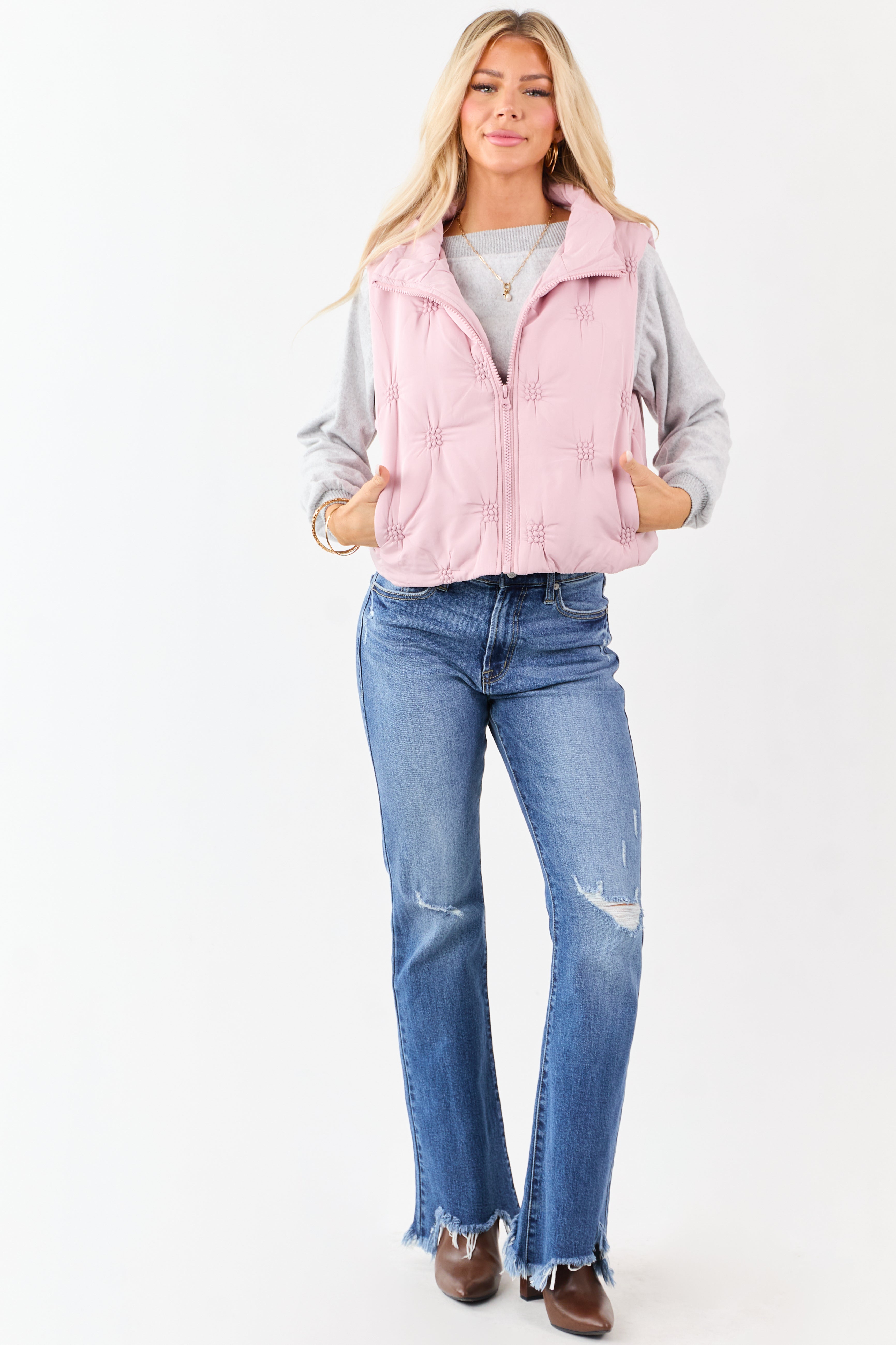 Entro Dusty Blush Raised Stitch Zip Up Puffer Vest | Lime Lush